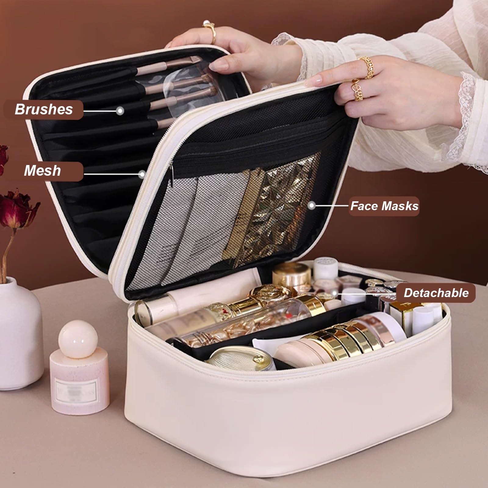 Borsa Trucco, Trucco Pochette da Toilette, con Maniglia, Realizzata in Resistente Materiale PU, con Doppio Scomparto Interno Chiusura a Cerniera, per Il Trucco e Gli Accessori(Pink)