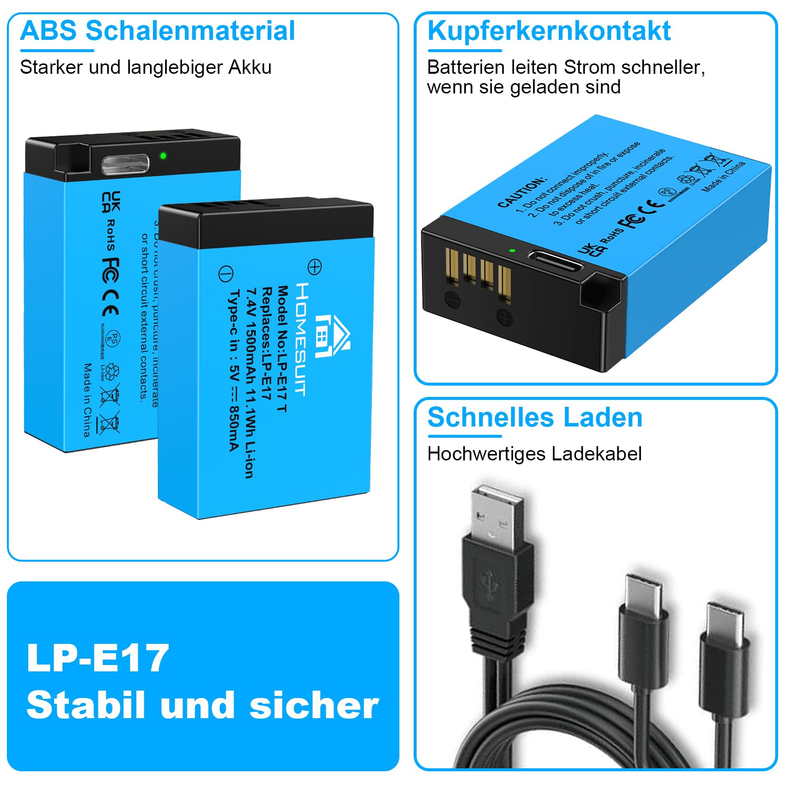 Homesuit LP-E17 Akku 1500mAh & 2-in-1 Ladekabel für Canon EOS R8, R10, R50, RP, R100, M3, M5, M6, M6 Mark II, 200D, 250D, 77D, 750D, 760D, 800D, 8000D Rebel SL3, SL2, T8i, T7i, T6i, T6s (2er-Pack)