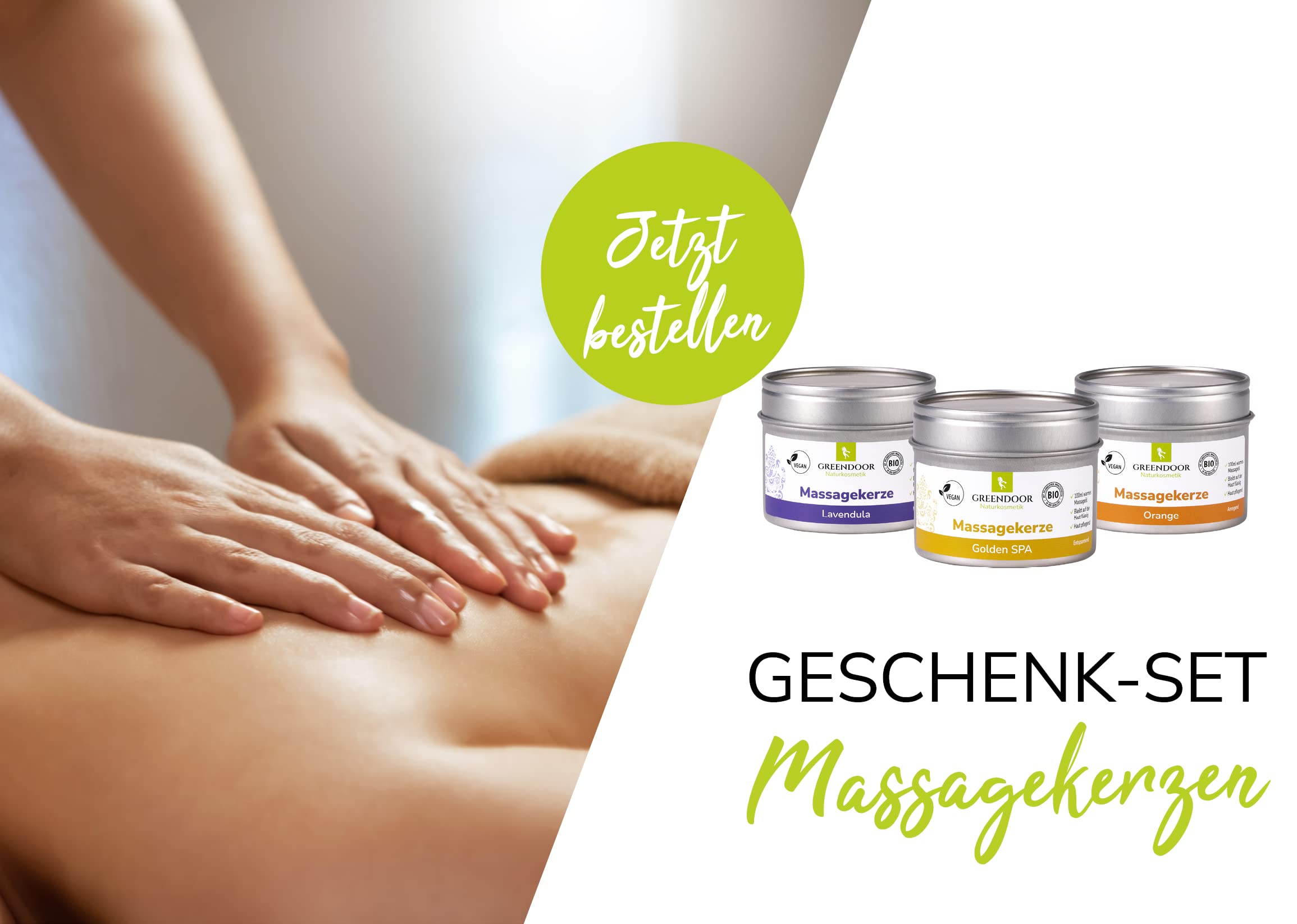 GREENDOOR Natur Massagekerzen SPAR-SET vegan 300ml, BIO Sojawachs BIO Öle, natürlich ohne Tierversuche, warmes Massage-Öl bleibt auf der Haut flüssig, Naturkosmetik Massagen, Geschenke