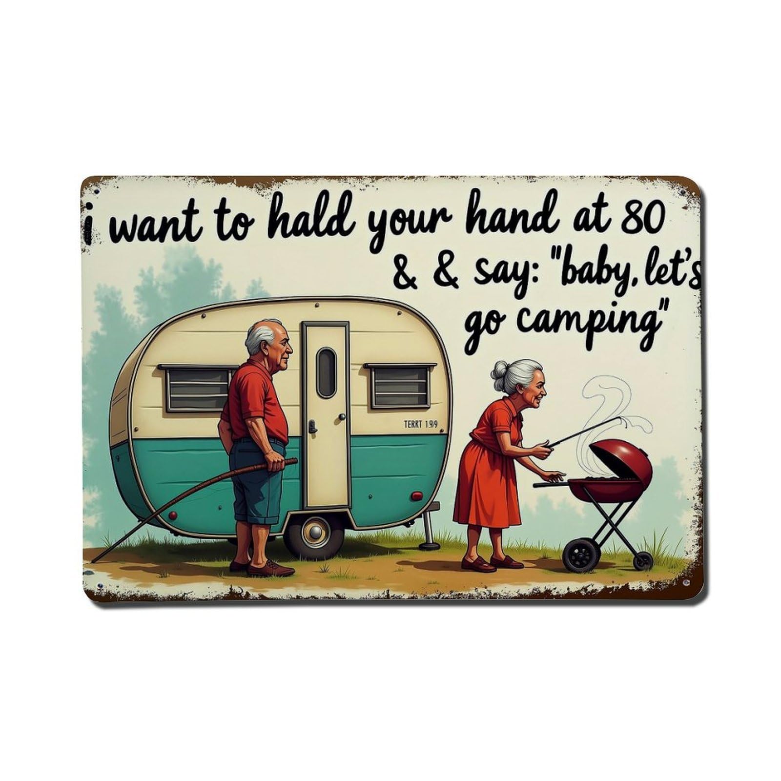 Bliveurn Vintage Elderly Couple Camping Trailer Scene Retro Metal Tin Sign, Metal Poster For Home, Gaming Room, Studio Workshop,Bar,Garage Wall Art Decor 8X12 Inch