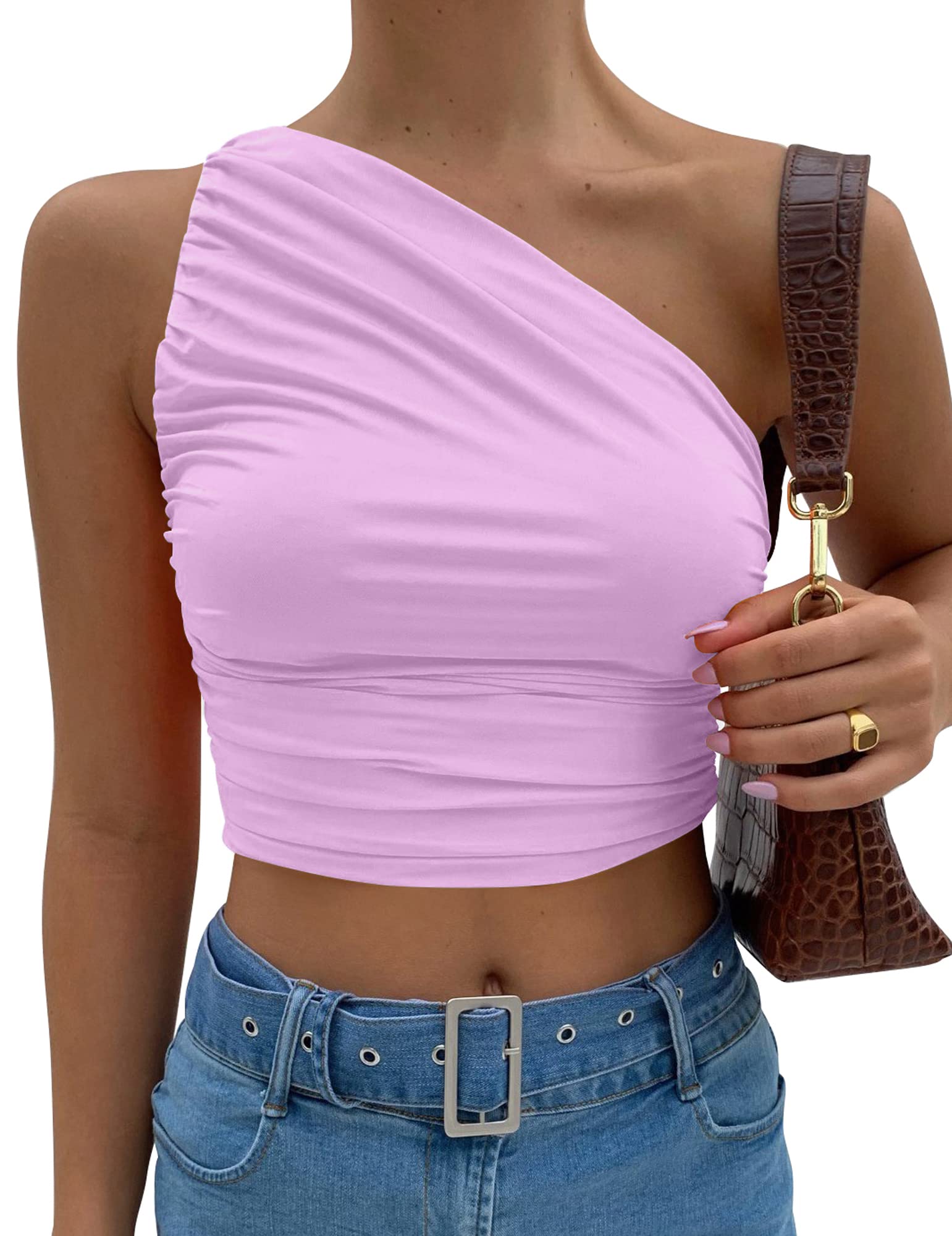 Mokoru Women's Sexy Ruched One Shoulder Crop Tops Sleeveless Tank Cami