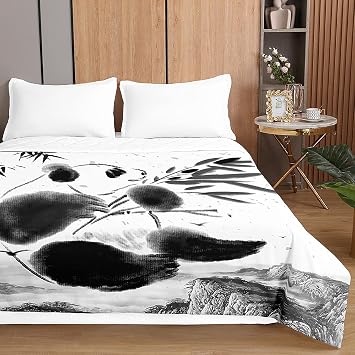 Highdi Reversible Bed Throws Quilted Bedspreads, 3D Panda Pattern Lightweight Patchwork Quilt Comforter Single Double, Cotton Throw Summer Quilt, Quilted Blanket for Seasons Gray,100x150cm