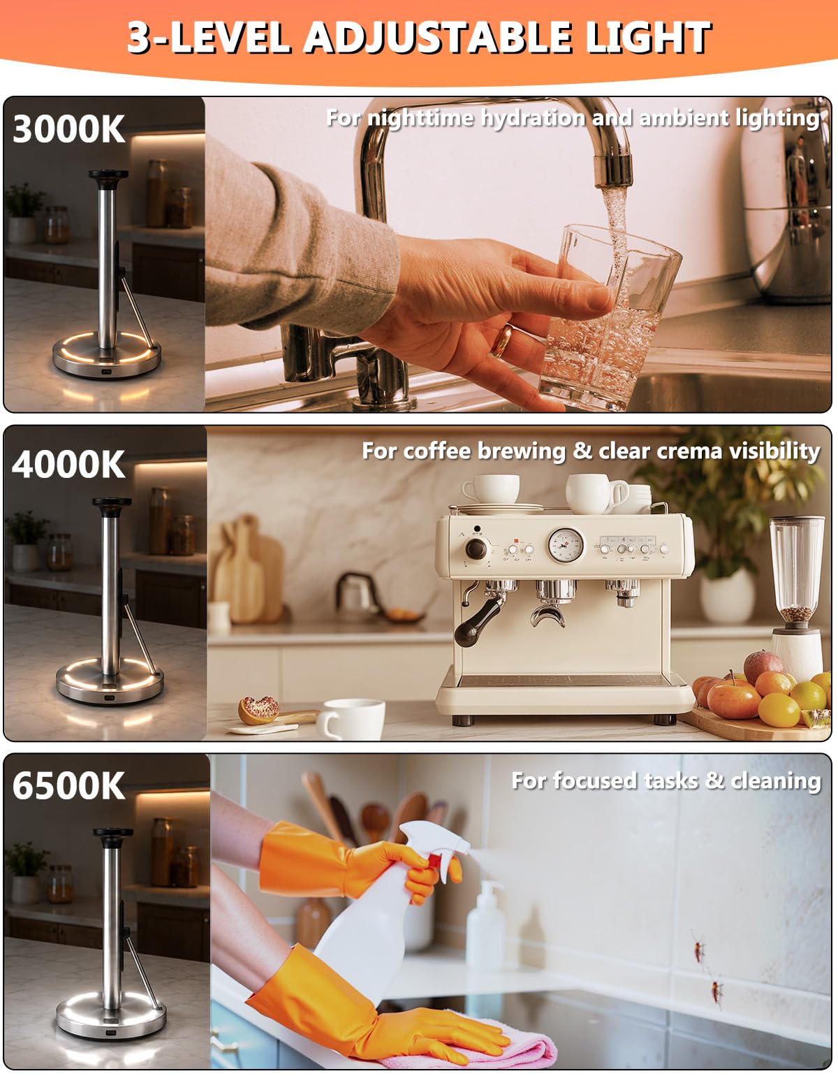 YUET Portarotolo da cucina autoportante, in acciaio inox, con LED, impermeabile e antiruggine, base resistente con ventosa