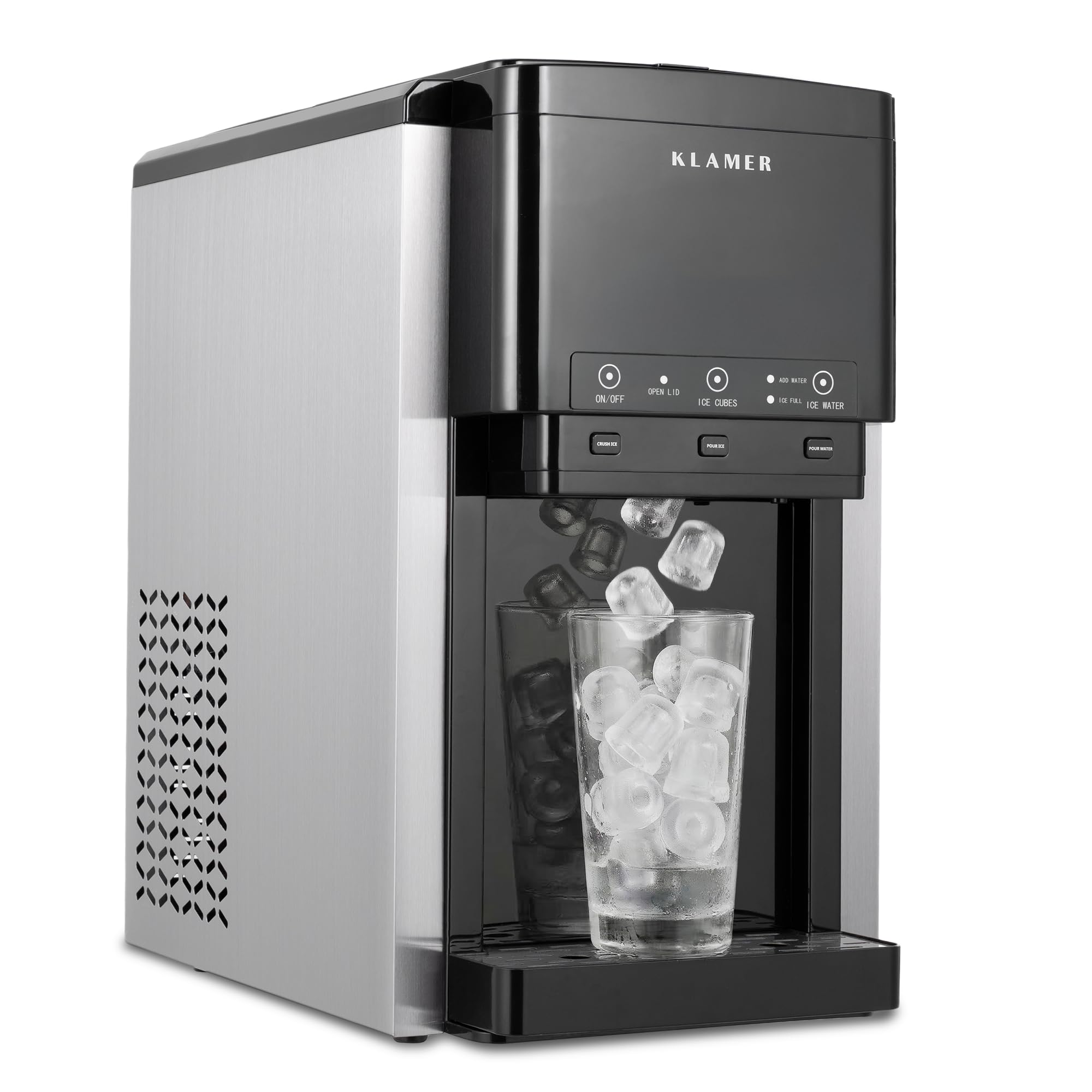 KLAMER 3-in-1 Eiswürfelmaschine, Crushed Ice & Eiswasser, 18–20 kg/24h, Kugeleis 12 Stück in 7 Min, 2,1 L Tank, Ice Maker, Wasserspender, Selbstreinigung