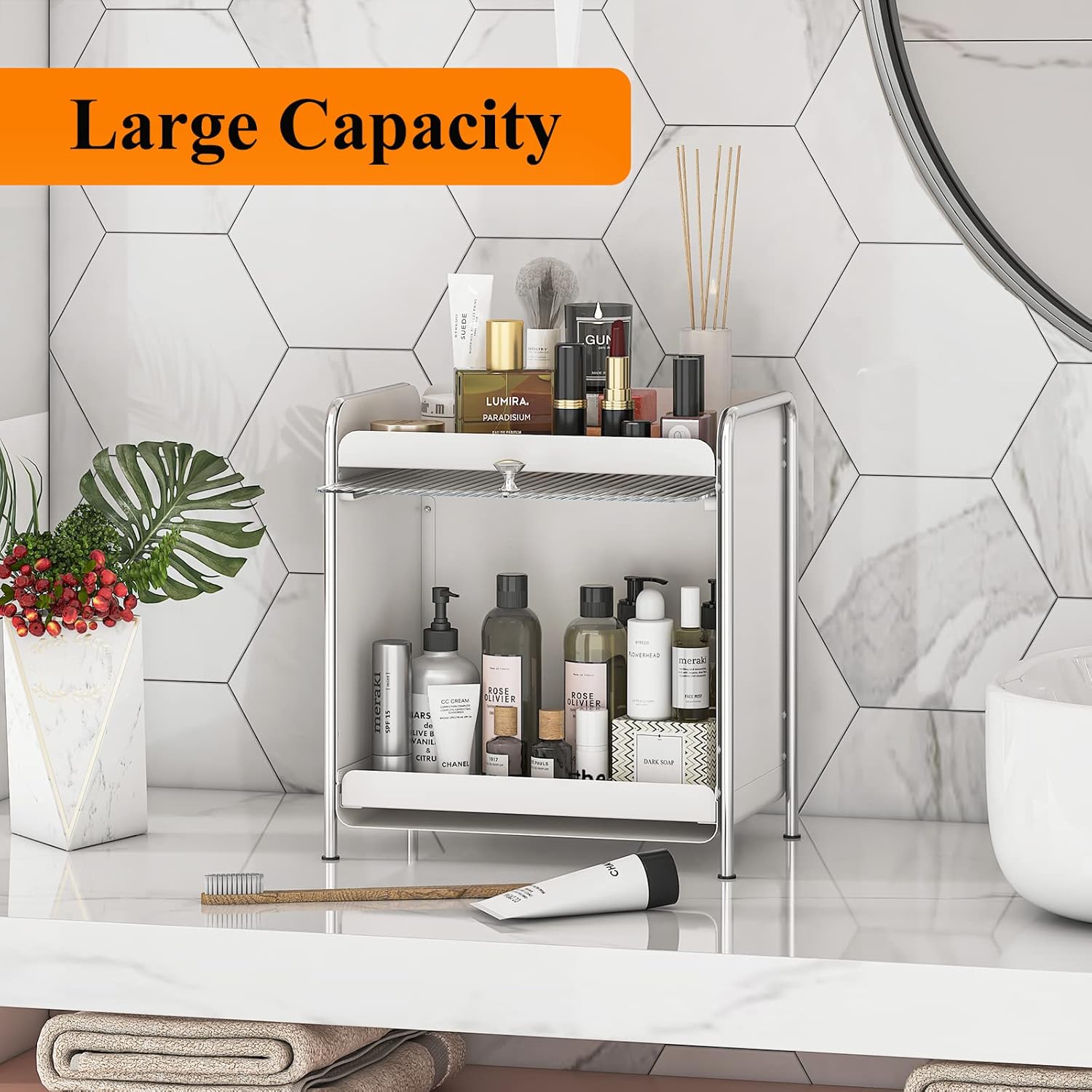 Wisdom Star Makeup Organizer for Vanity, Elegant Bathroom Organizer Countertop with Semi-transparent Lid for Cosmetics, Lipsticks, Skincare, Perfume, Ideal for Cosmetic Display Cases, White : Beauty & Personal Care