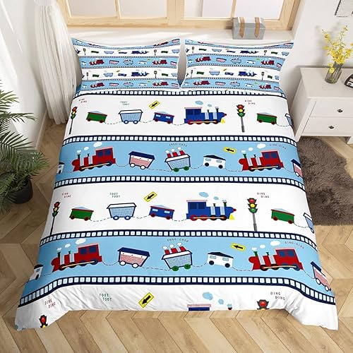 Feelyou Juego de ropa de cama de tren para niños, niños, adolescentes, decoración de dormitorio, Choo-Choo, vías de ferrocarril, juego de funda de