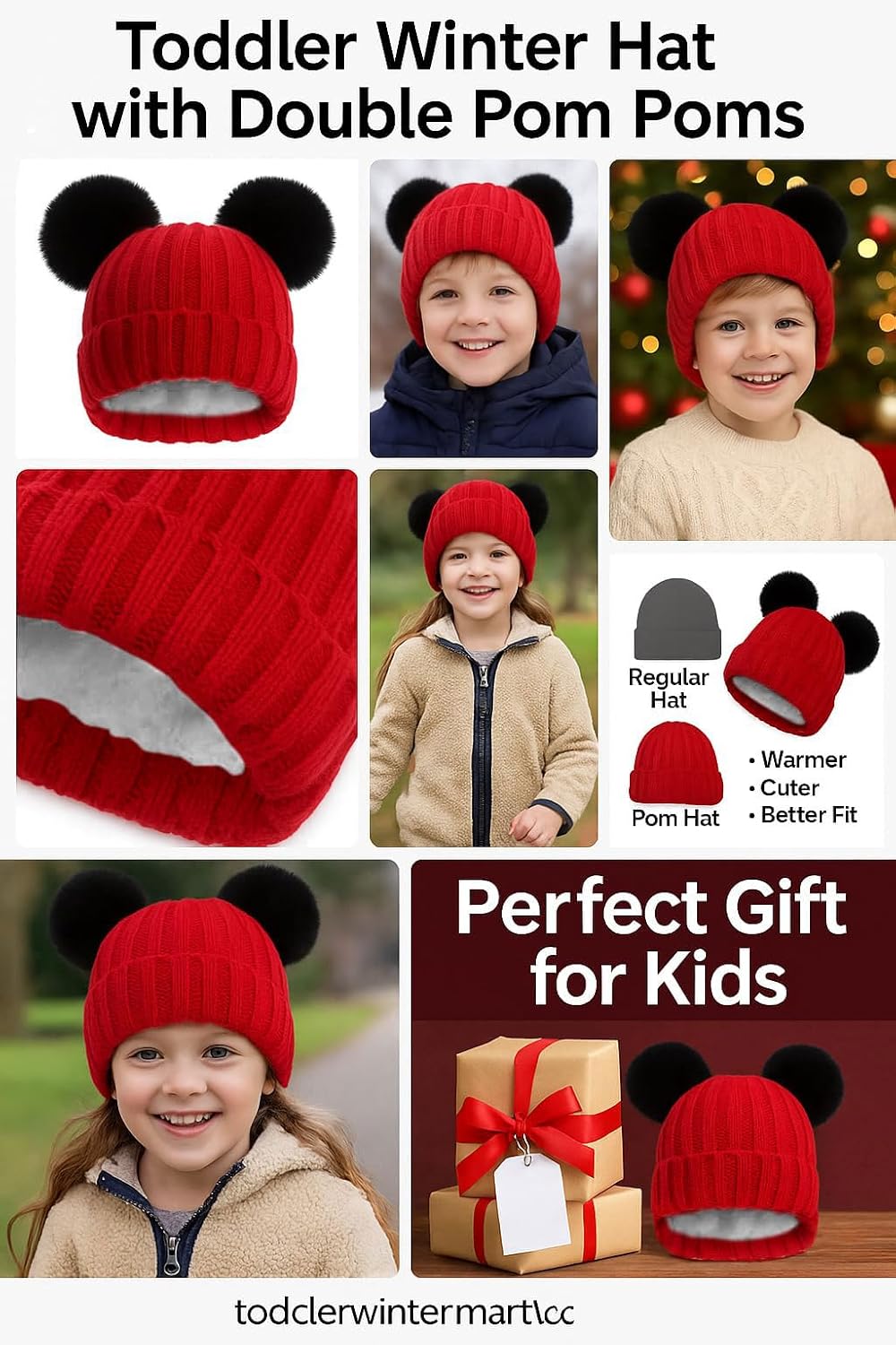 Toddler Winter Knit Hat Upgrade Fleece Lined Pompom Ears Beanies Cap for Boys Girls 3-12 Years