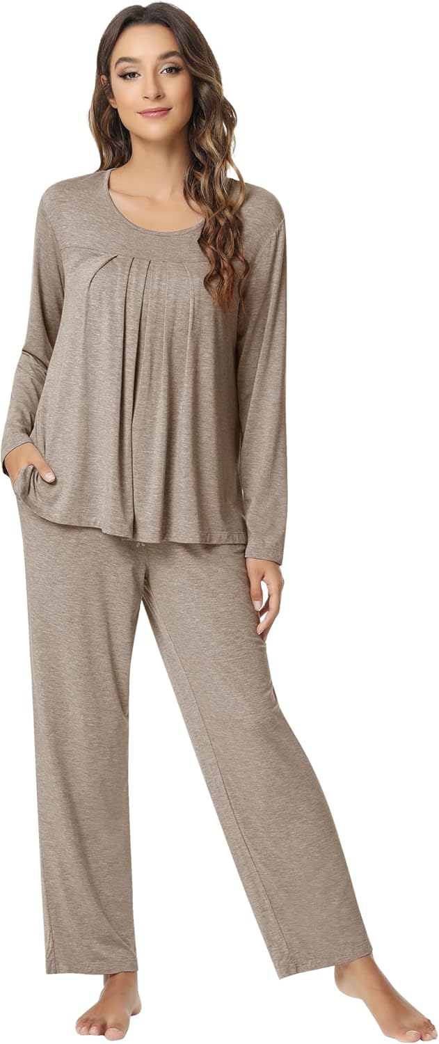 NACHILA Pajamas for Women-Viscose Made from Bamboo,Long Sleeve Pajama Sets Comfy Loungewear Pleated Pjs