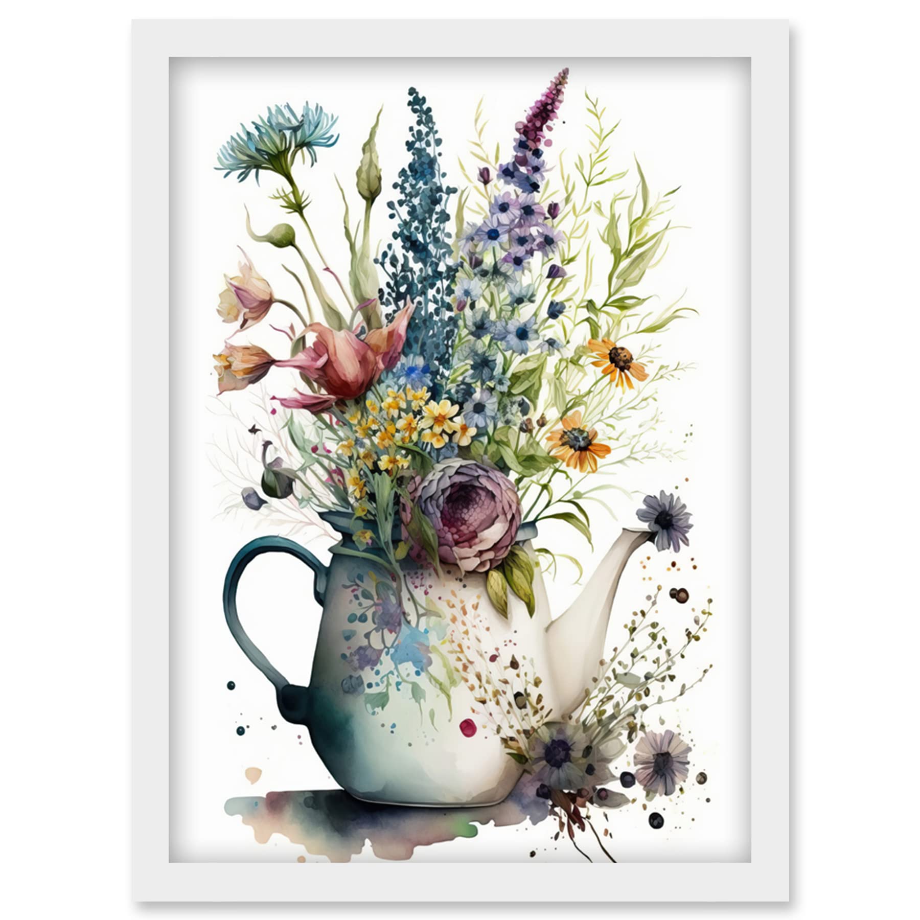 Artery8 Spring Wildflower Floral Bouquet in a Teapot Vase Artwork Framed Wall Art Print A4