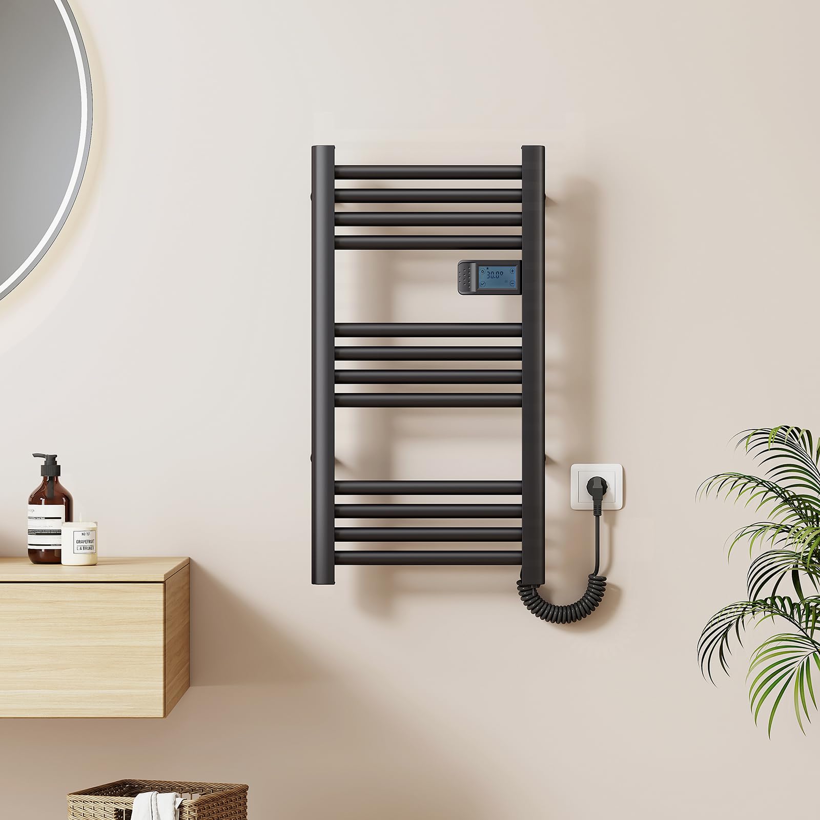 EMKE Sèche-Serviettes Chauffant Électrique 750 x 400 mm, Noir Mat 180 W | Porte-serviettes de salle de bain électrique avec interrupteur tactile et minuterie, sèche-serviettes électrique