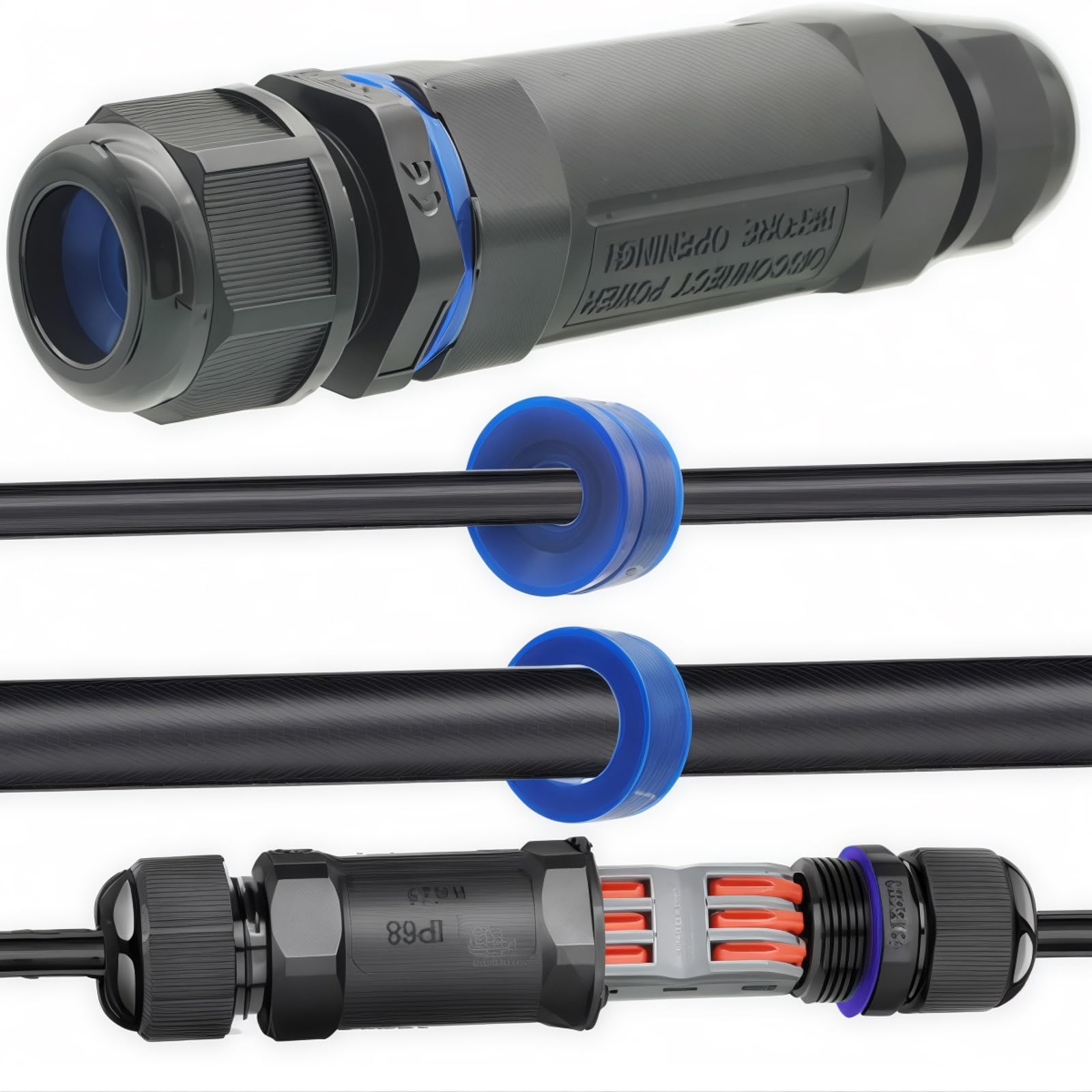 Connettore cavo IP68, CTRICALVER Accoppiatore cavo elettrico prolunga, 1 pz Connettori elettrici impermeabili, Connettore cavo in linea, con morsettiera a 3 pin, Diametro cavo connettori Ø 6 mm-12 mm