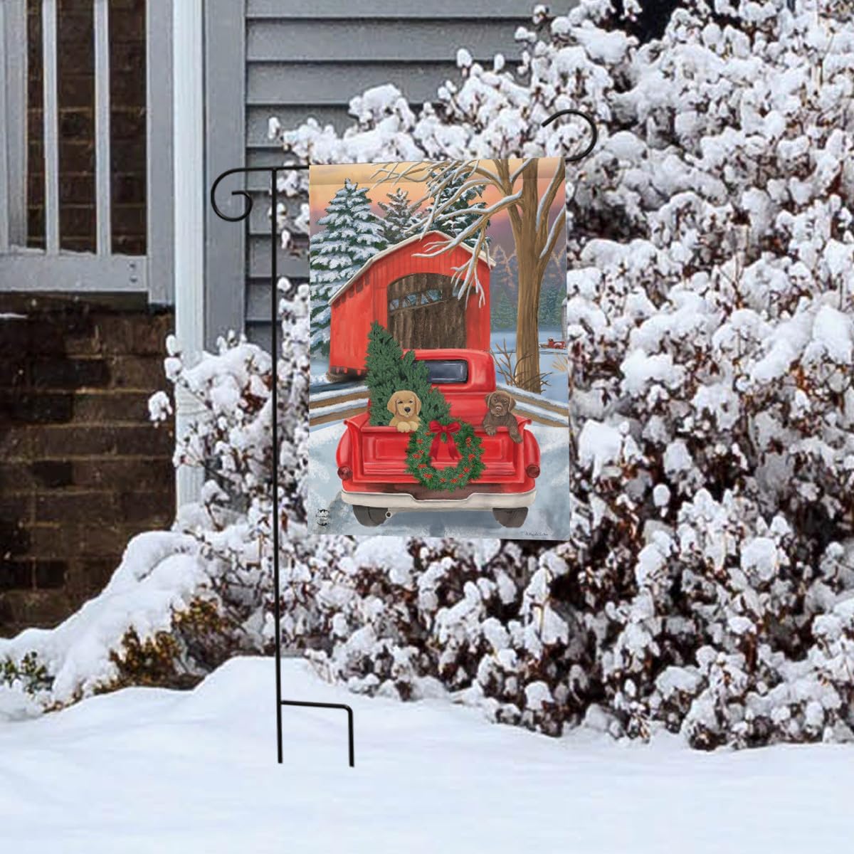Winter Puppy Pickup Red Truck Christmas Garden Flag