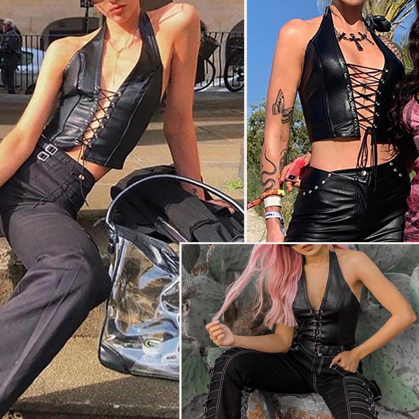 KFLY Débardeur corset sexy en cuir - Col en V profond - Pour femme - Y2k - Style gothique - PU - Haut ventre nu - Clubwear