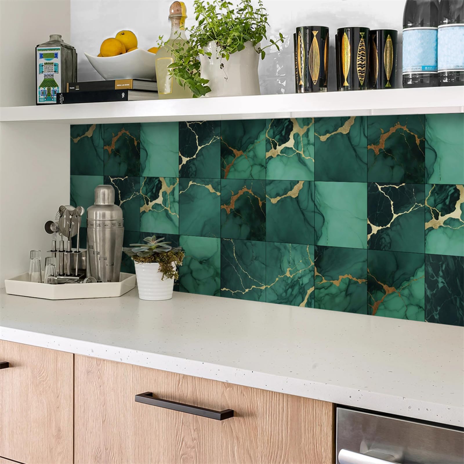 Tile Decals, Emerald Green Tile Stickers Transfers,Peel and Stick Wall Self Adhesive Vinyl Home Decor(15X15CM/24PCS)