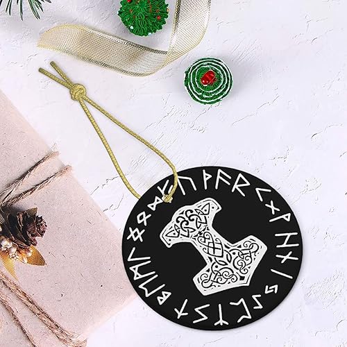 Miniatura 5 de Vikings Mjolnir y rueda de runa nórdico símbolo de mitología nórdica adornos de Navidad 2023 de cerámica impresa de doble cara