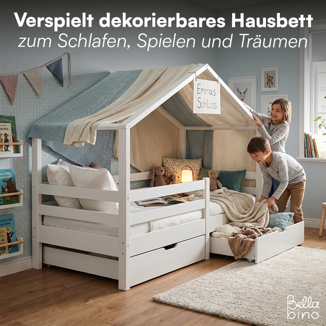 Bellabino Abia Kinderbett 90x200 cm – Hausbett mit Rausfallschutz, Lattenrost und 2 Schubladen – Montessori Kinder Bett aus Massivholz Kiefer für Jungen und Mädchen in Weiß