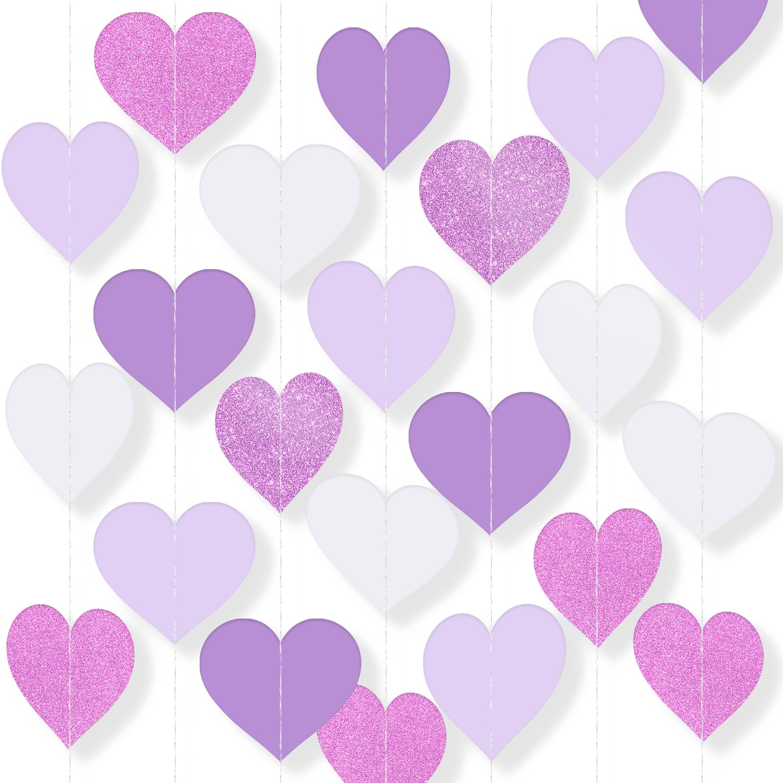 BLMHTWO 4PCS Purple Heart Garland, 52Ft/16M Party Decorations Purple Lavender White Streamers Glitter Heart Paper Garland Hanging Decoration for Birthday Wedding Graduation