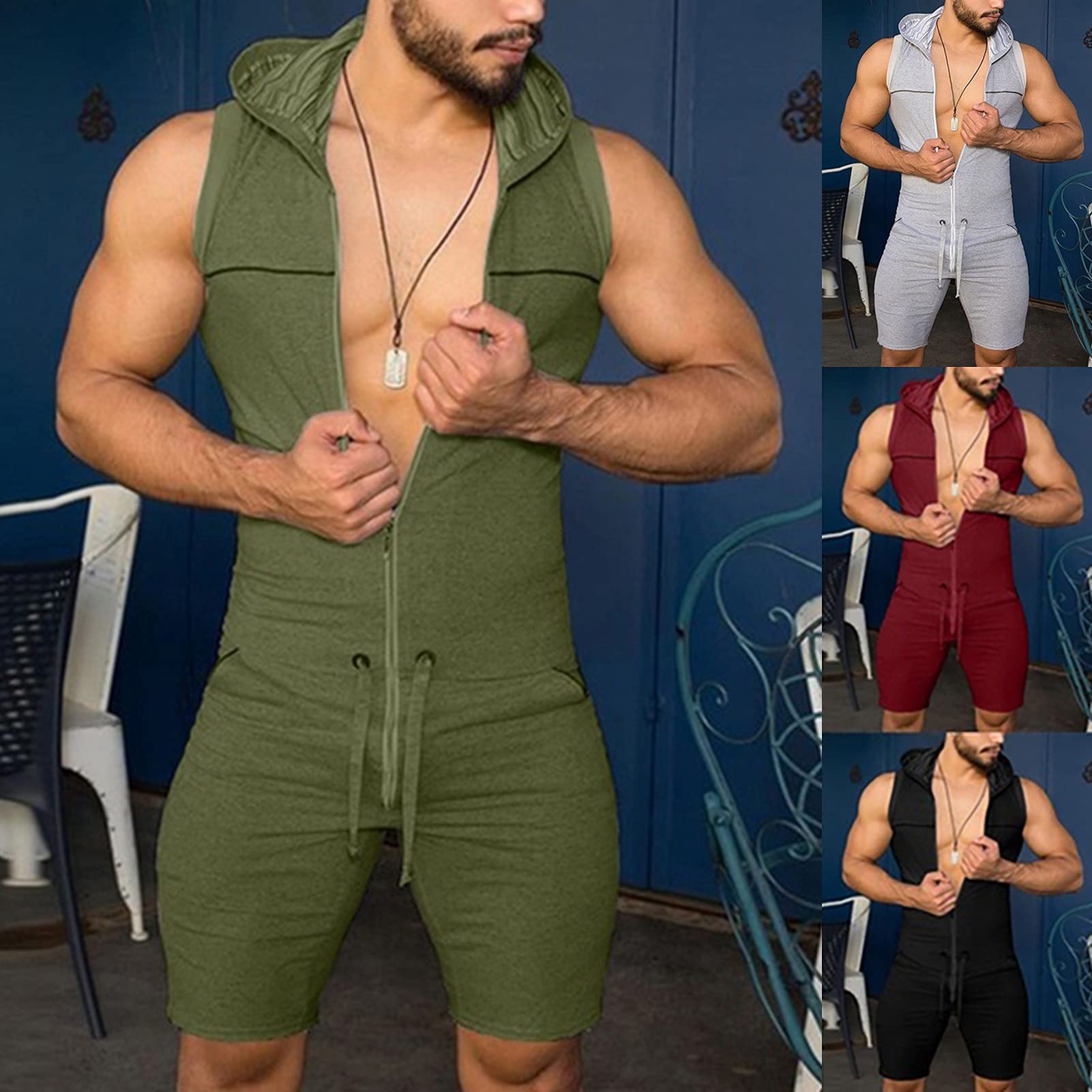 Panegy Herren Overall Jumpsuit Jogging Anzug Sportanzug Onesie Trainingsanzug Ärmellos Fitness Shirt Kurz Hosen mit Tasche Kapuzen