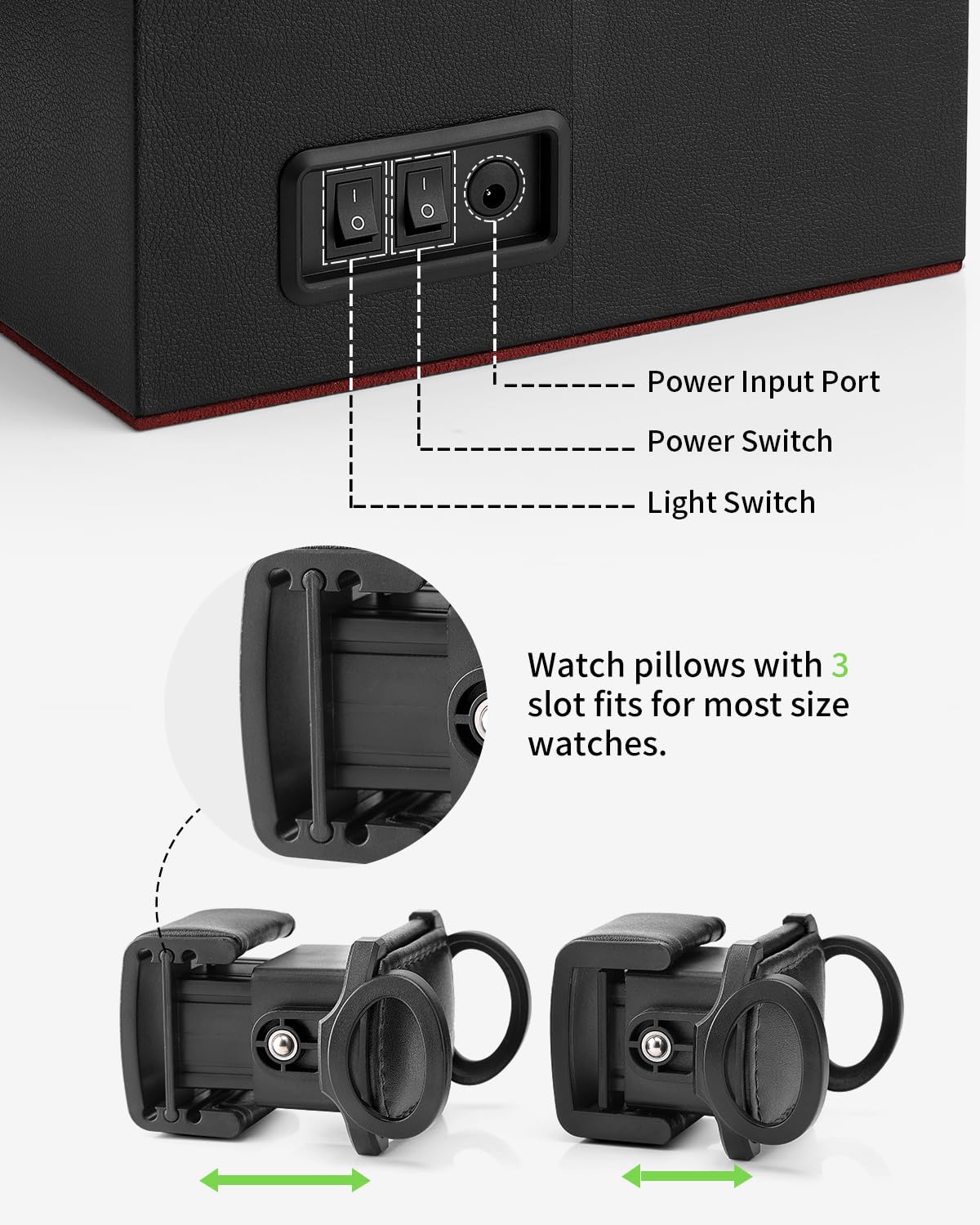 Vlando Automatische Uhrenbeweger 2 Uhren, Watch-Winder Leder mit Schmuckaufbewahrung Taschleerer, Japanischem Leisen Motoren, LED Beleuchtung, Wechselstromadapter, Luxuriöse Uhrenbeweger Box