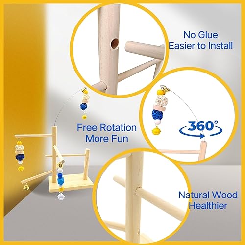 Miniatura 5 de Parque infantil para pájaros, plataforma de madera natural para pájaros con juguetes para masticar, soporte de entrenamiento de gimnasio para