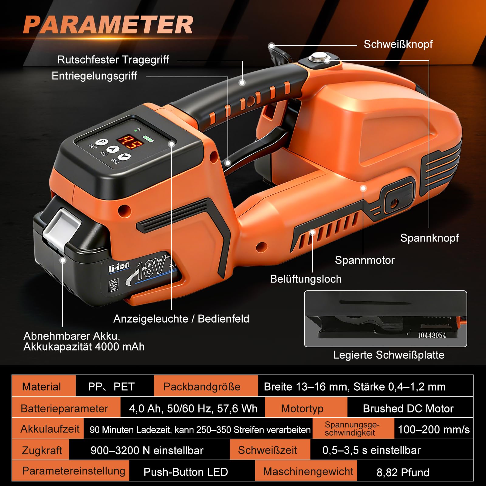 Umreifungsgerät Akku für 13-16 mm PP-/PET-Band mit Digitaldisplay, 2 x 4000 mAh Akku, 900-3500N Elektrische Umreifungsmaschine Mit Kunststoffkasten Umreifungsgerät Elektrisch für Paletten