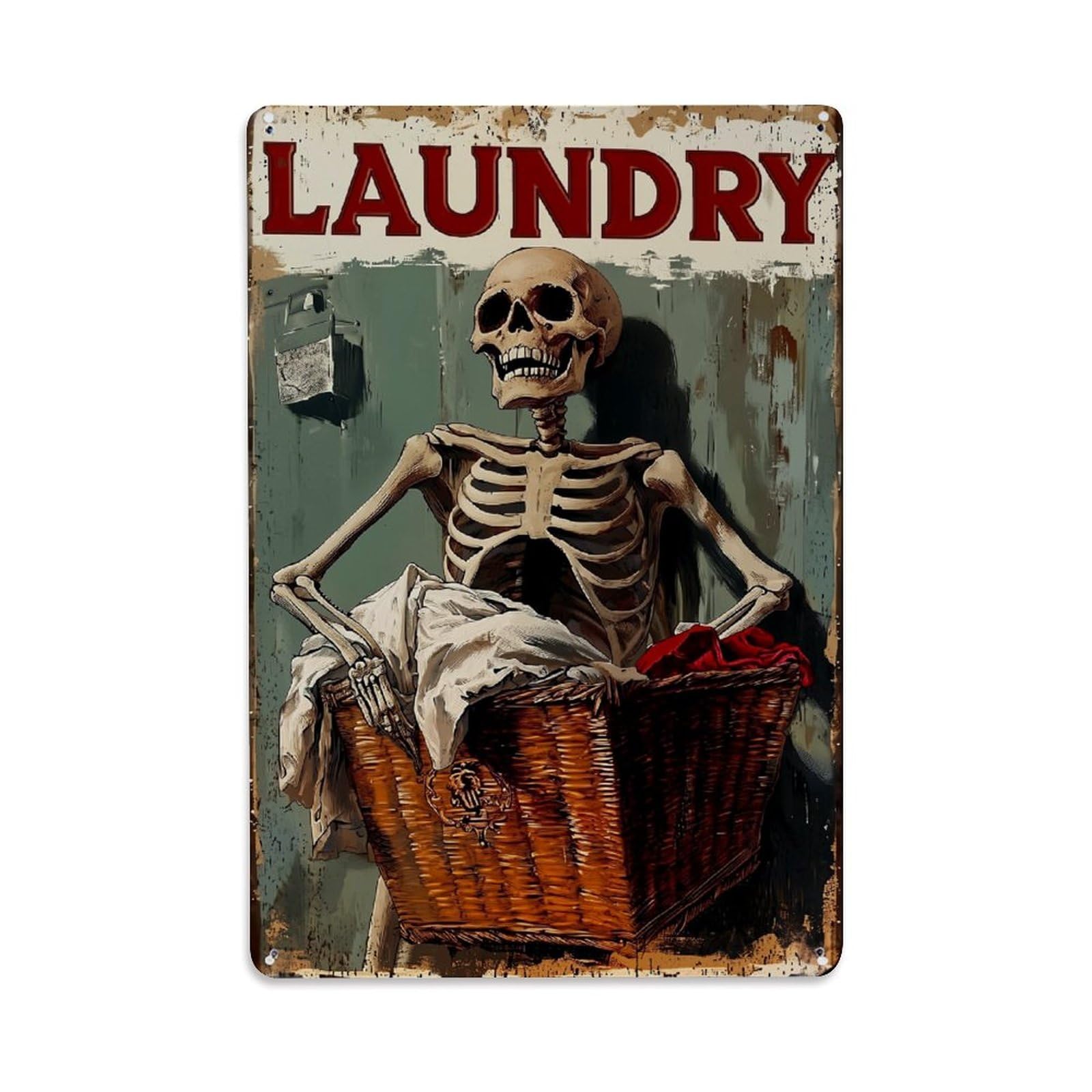 Skeleton Holding Laundry Basket Retro Metal Tin Sign, Vintage Decor Art Poster for Bar, Home, Man Cave, Kitchen, Laundry Room Gift 8x12Inch