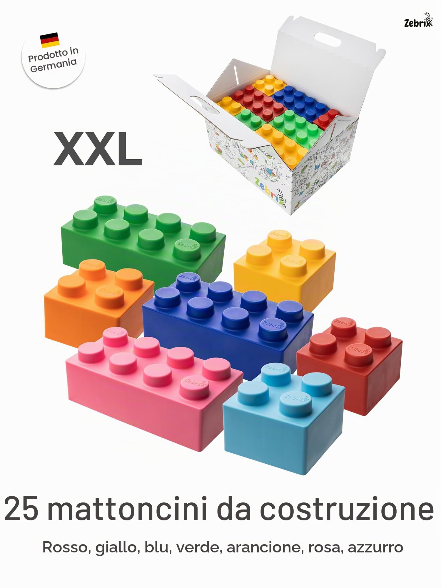 XXL 25 Mattoncini A Incastro, 7 Colori, Grandi Mattoncini In Rosa, Azzurro, Arancione, Rosso, Verde, Blu E Giallo, Per Neonati E Bambini, Made In Germany
