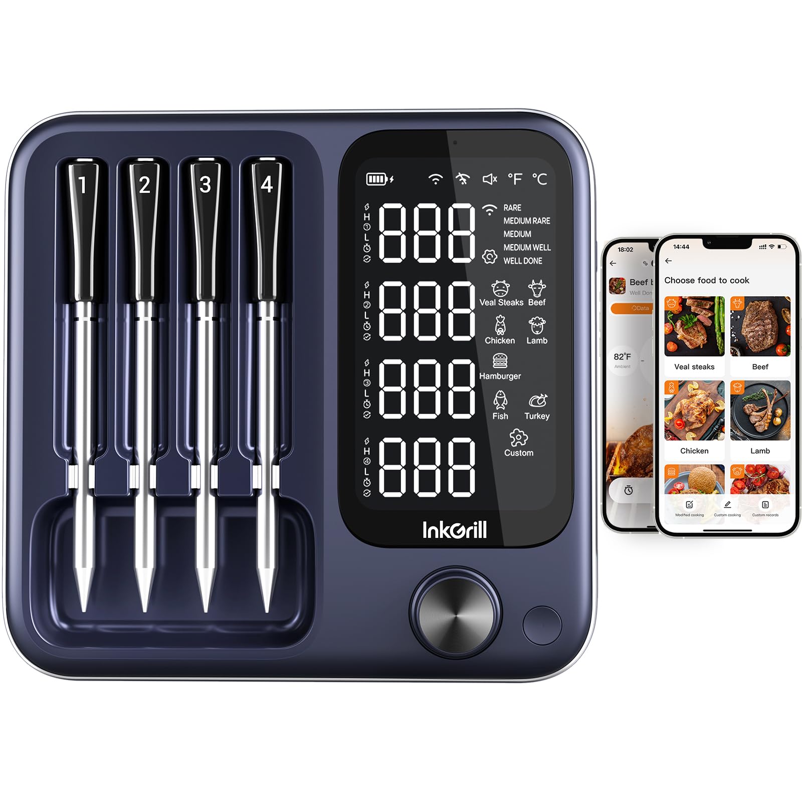 4-Probe Digital Meat Thermometer Wireless with Smart APP, Unlimited Range WiFi & Bluetooth Meat Thermometer for BBQ, Rotisserie, Oven, Grill, Smoker,and Air Fryer Cooking