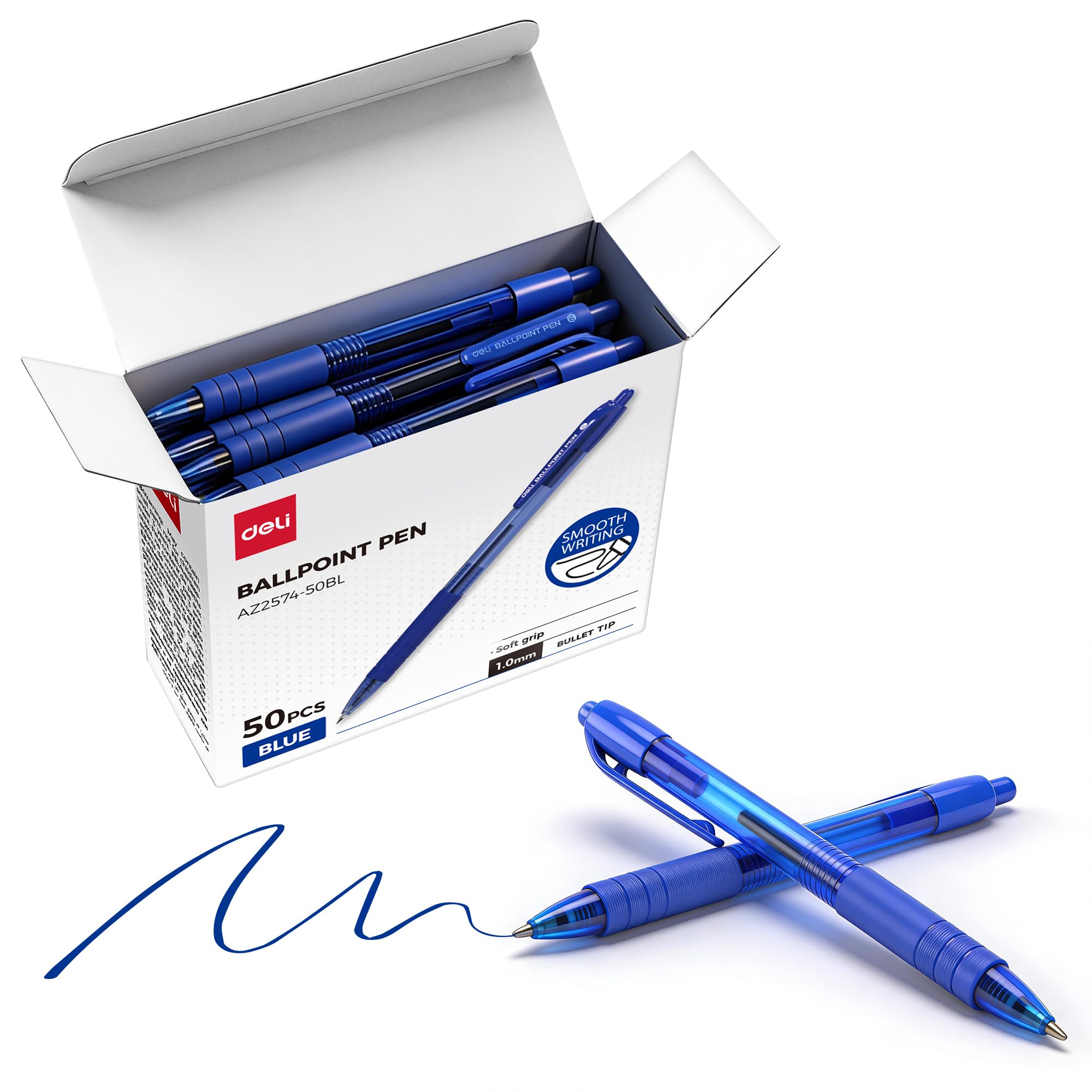deli Pens Bulk 50 Pack Ballpoint Pens Blue Ink 1 0MM Medium Point Smooth Writing Retractable Pen with