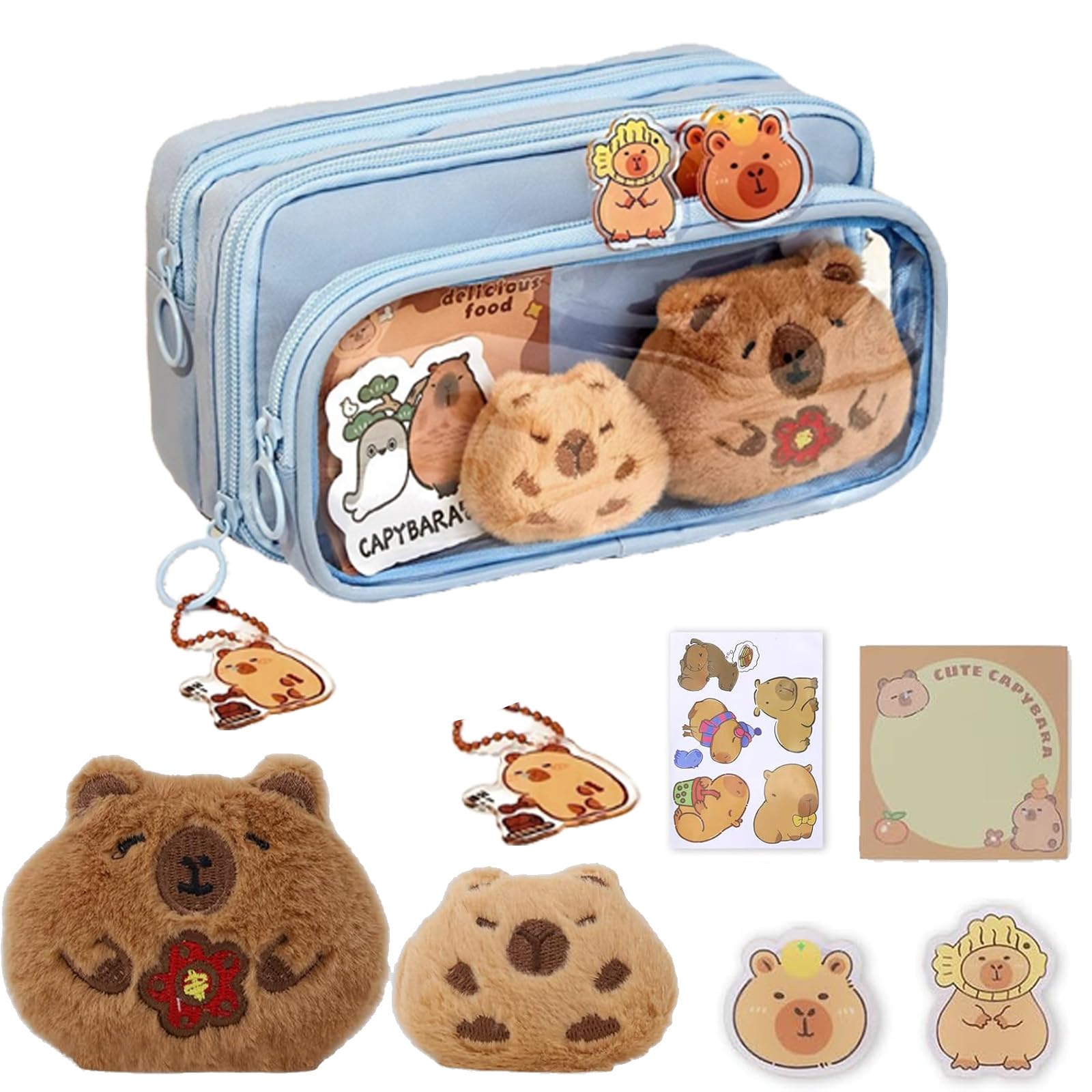 Cute Capybara Stationary Set,Capybara Pencil Case,Large Capacity with Compartments,Multifunctional Pencil Case,School Supplies with Stickers, Pendant Clips, Plush Note Pad (Blue)