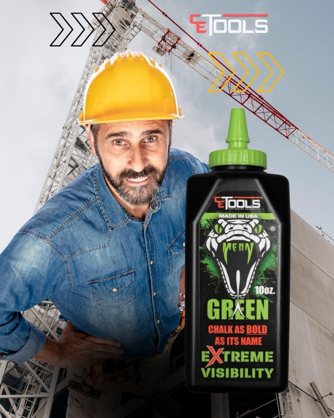 CE TOOLS Mean Green® Marking Chalk, Color GREEN, EXTREME VISIBILITY, MADE IN USA -10 oz (283.5g) For Chalkline, Hydrophobic, Construction Chalk.