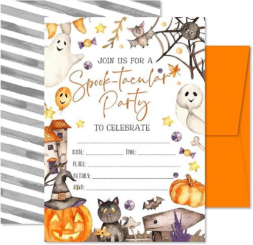 25 invitaciones espeluznantes de Halloween o fiesta de disfraces tarjetas grandes de doble cara de 5 x 7 pulgadas con sobres naranjas, calabaza,