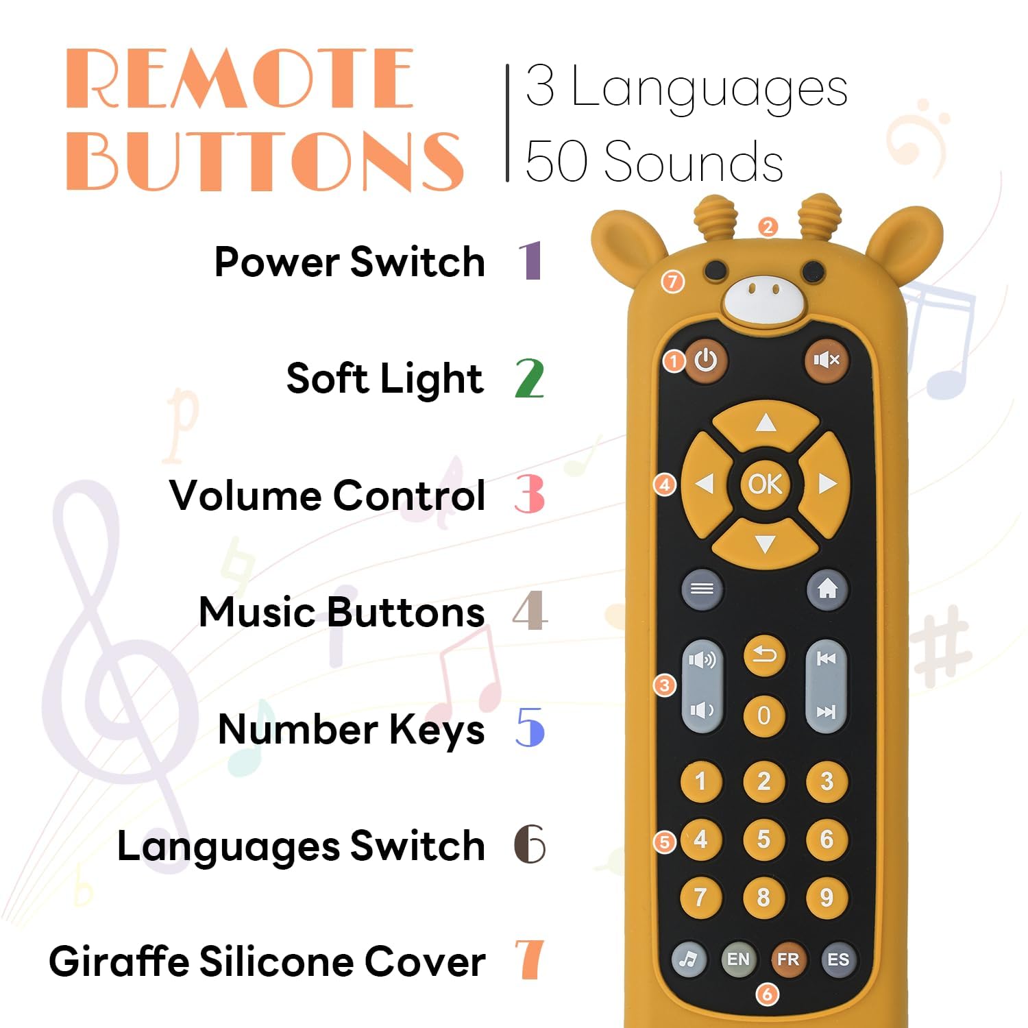 Baby TV Telecomando con Luce e Suono, Giochi Musicali per Bambini 6-18 Mesi con Inglese/Francese/Spagnolo, Giocattoli Sonori Sensoriali Regali per Prima Educativi per 6 Mesi + (Nero Giraffa)