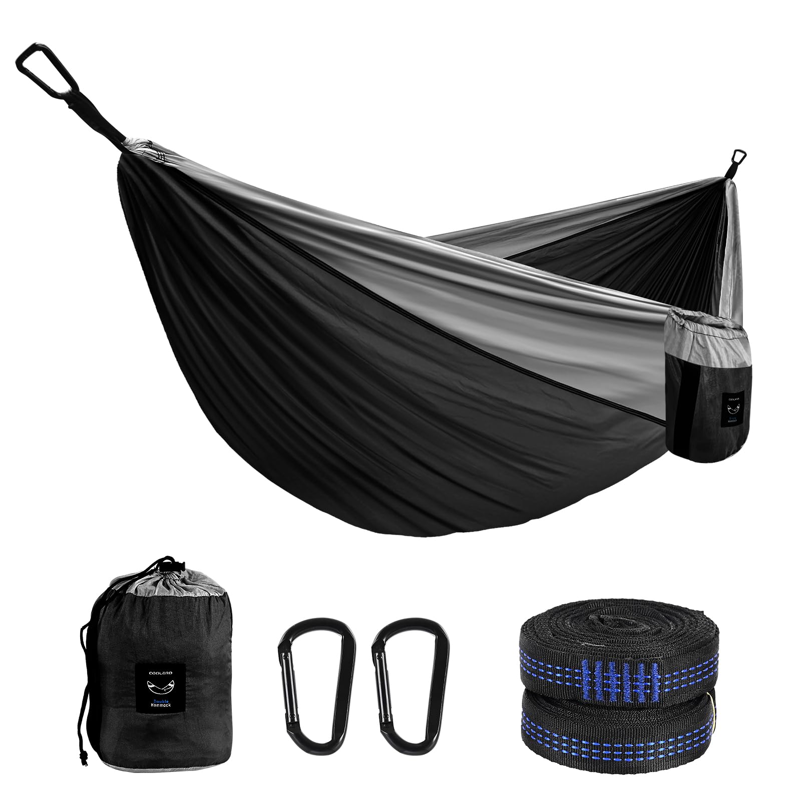 COOLEROAnti-rollover Camping Hammock Double Hammock with Tree-friendly Straps and Attached Carry Bag Portable 2 Person Camping Accessories for Outdoor,Indoor,Backpacking, Hiking,Travel (Black & Grey)