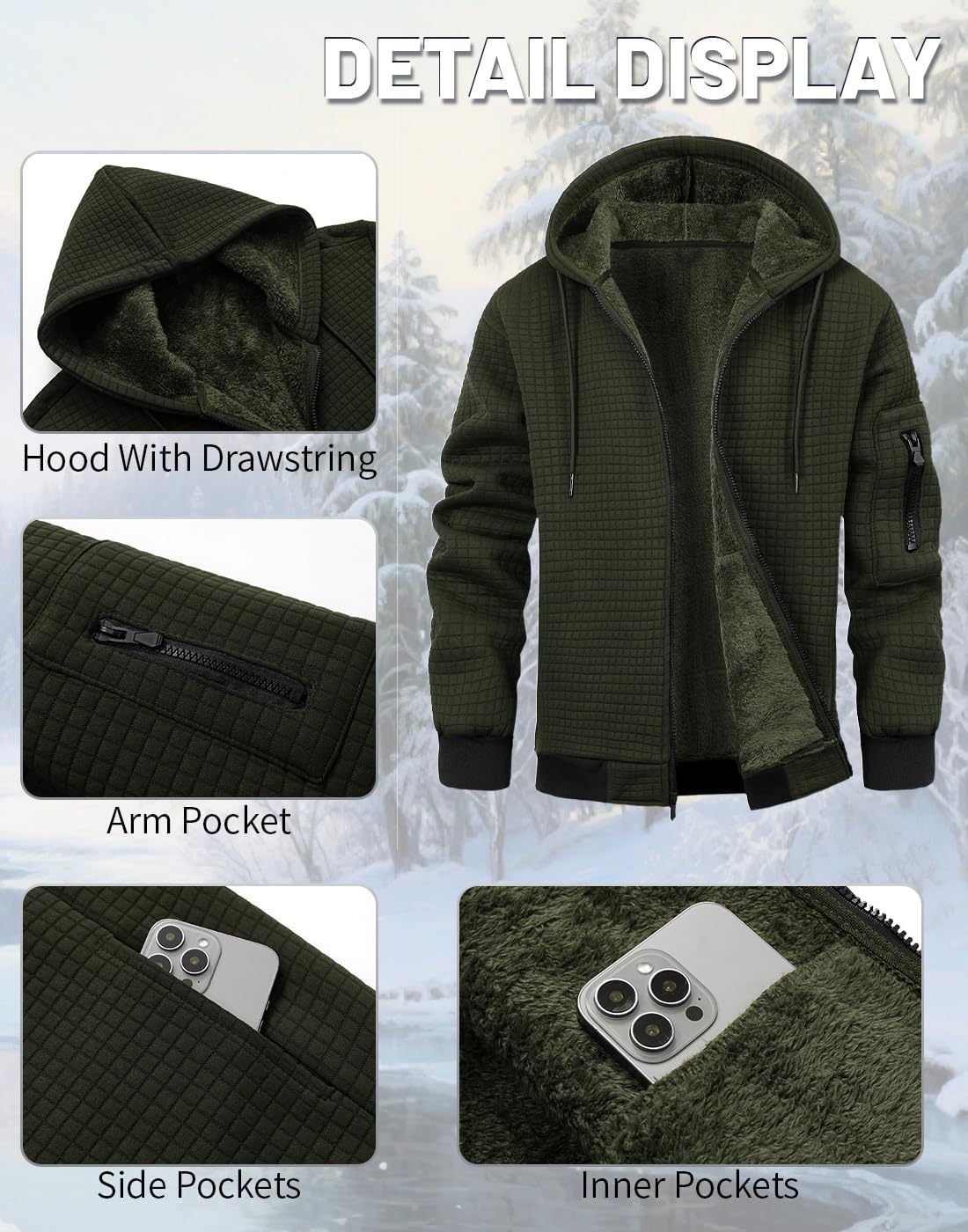 Mens Zip Up Hoodie Sherpa Lined Sweatshirt Heavyweight Fleece Full-Zip Winter Warm Jackets - Image 6
