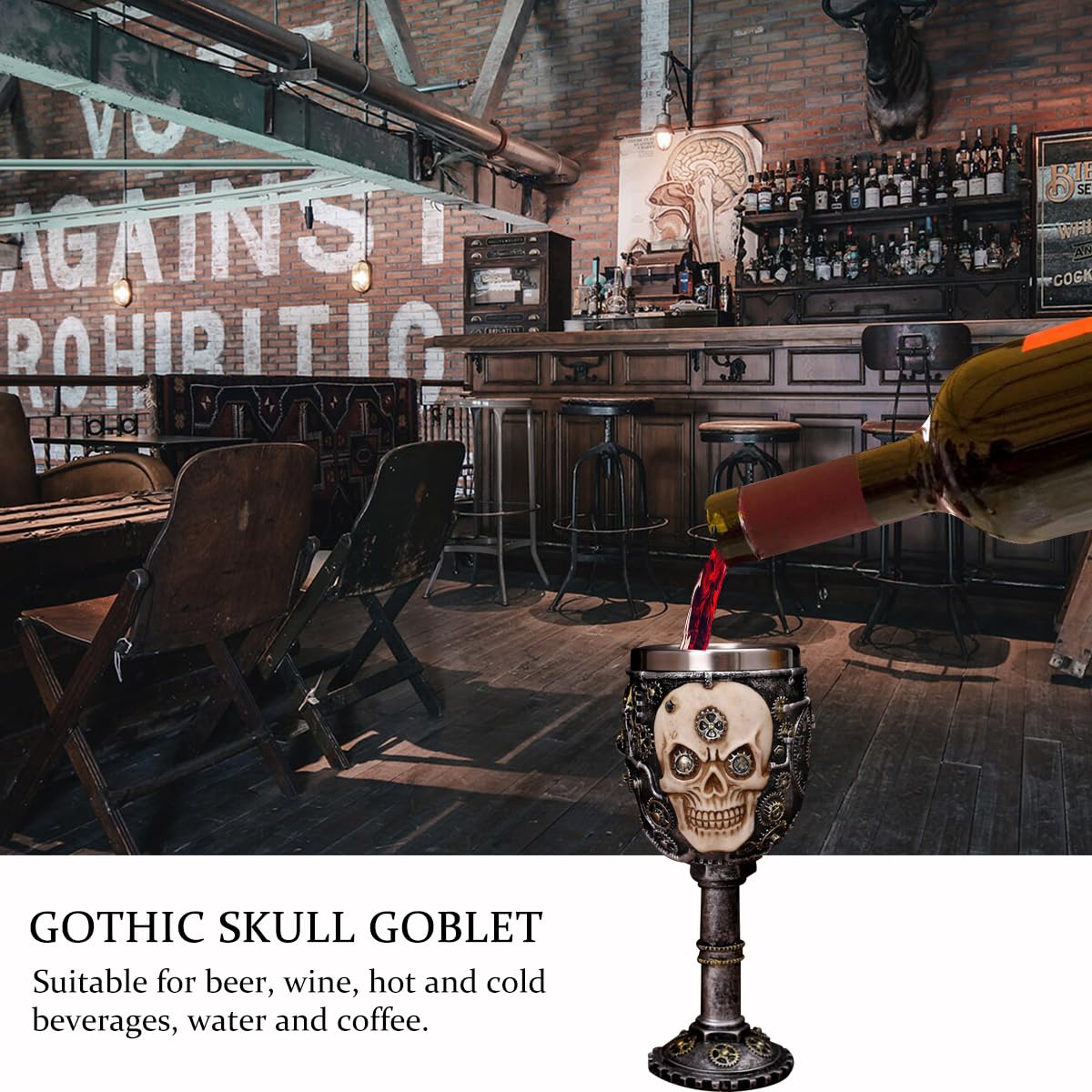 KUUBEELAA 3D Skull Medieval Goblet,Steampunk Style Stainless Steel Chalice Goblet, Gothic Skeleton Wine Goblet,Skull Fans Gift for Party Decor and Halloween/Christmas/Birthday