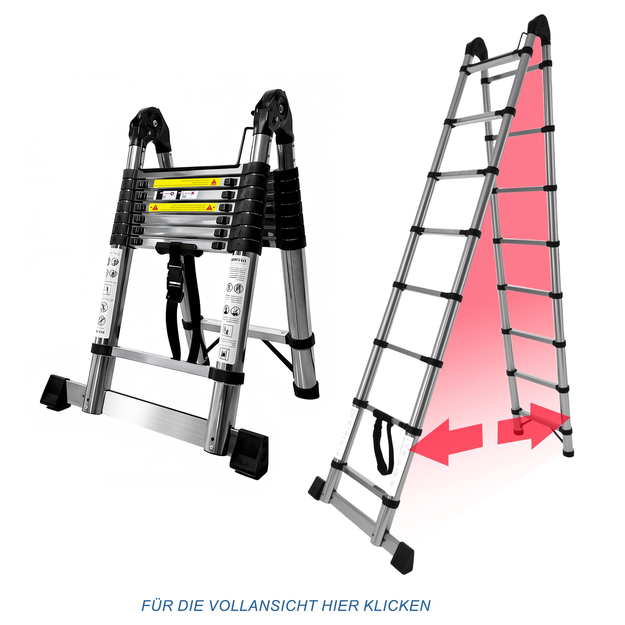 Brsheco Escalera telescópica plegable de acero inoxidable, 5 m (2,5 + 2,5 m), escalera extensible 2 en 1, con estabilizador, gran aplicación, escalera plegable, escalera de pie, 150 kg, color plateado