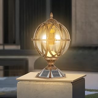 Outdoor Solar Post Light Fixtures 17.7In Victorian Globe Post Caps Lights Modern Solar Powered LED Column Caps Lamps with Amber Glass Waterproof Pillar Lights P