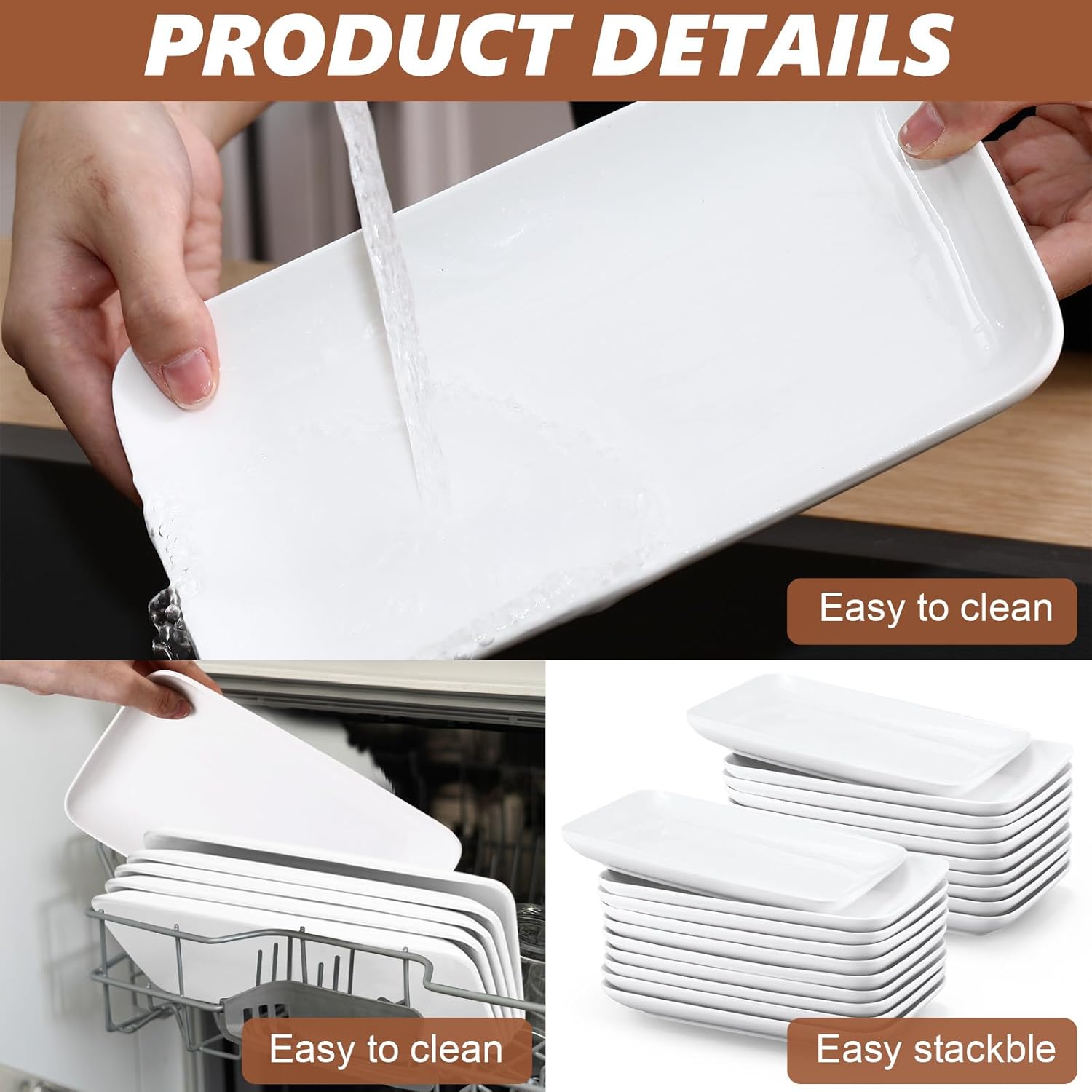 Irenare 20 Pcs 9 Inch Rectangular Salad Plates White Rectangular Porcelain Dessert Plates Appetizer Serving Tray Porcelain Platters for Fruit Sushi Dinner Parties, Microwave, Oven Safe