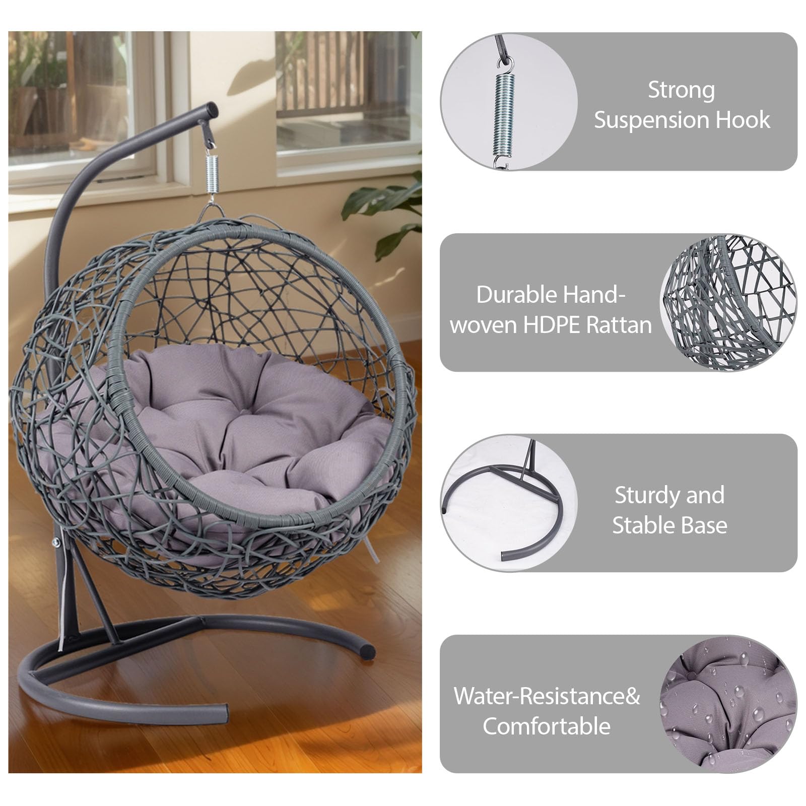 hausway Hanging Cat Bed-Aluminum-Steel Stand,Cat Swing Bed for Small Dogs Indoor Outdoor,Wicker Hanging Pet Hammock, Pet Egg Chair for Sleeping, Playing, Climbing, (Grey Spherical)