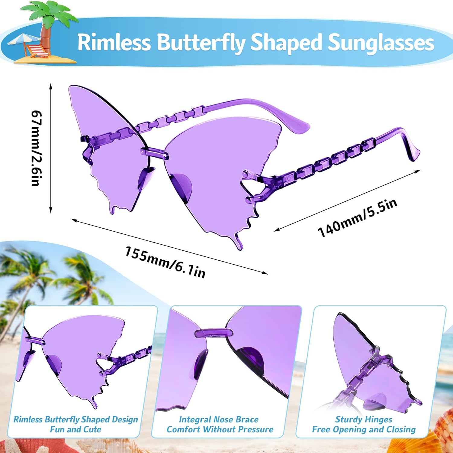 Pibupibu 24 Pack Star/Heart/Butterfly/Flame Sunglasses Bulk, Rimless Fun Colorful Sunglasses for Women Party Favors - Image 5