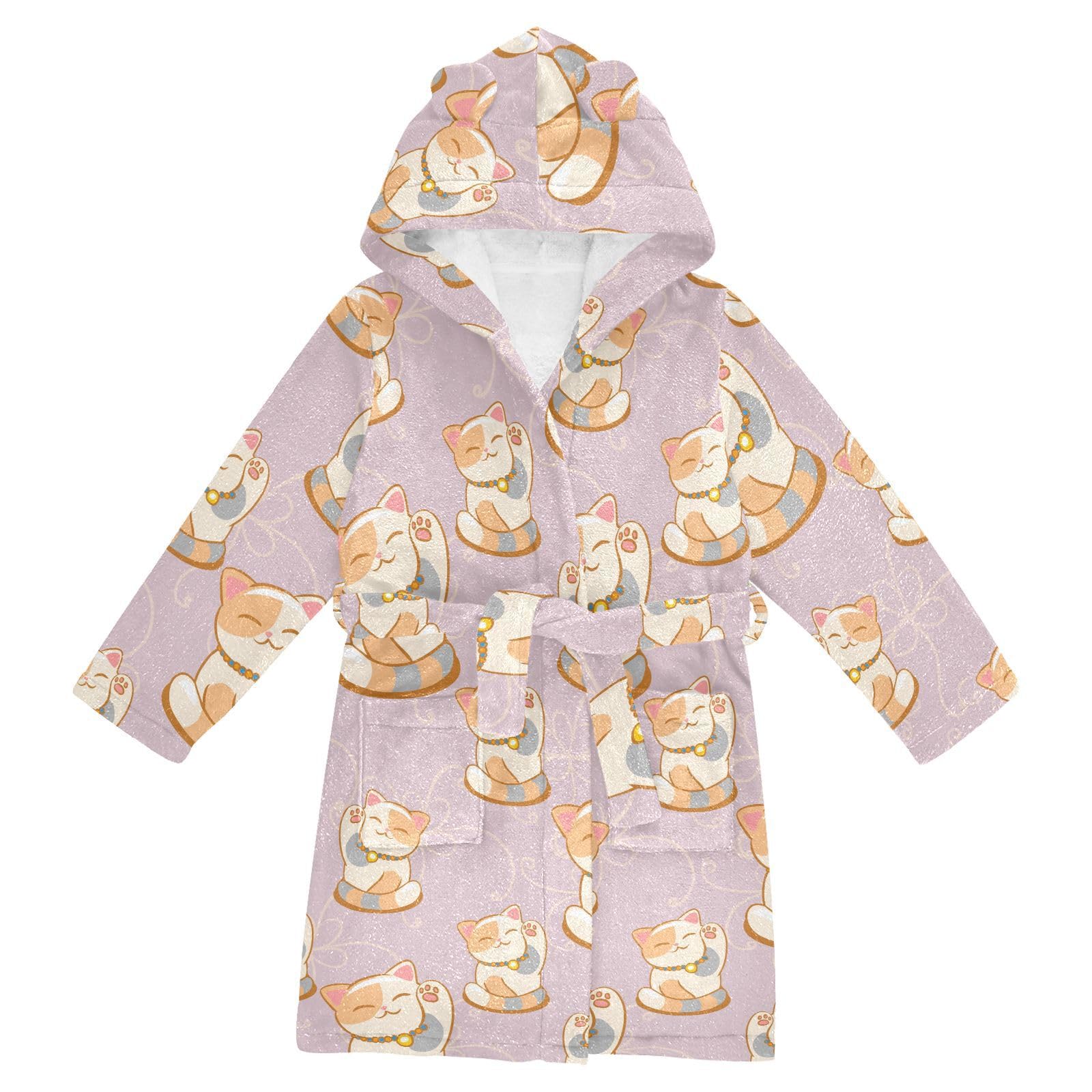 WIFIU Toddler Baby Hooded Bathrobe for Boys Girls Cute Lucky Cats Pattern Printed, Soft Plush Bath Towel Robe with 2 Pockets for 2-3 Years