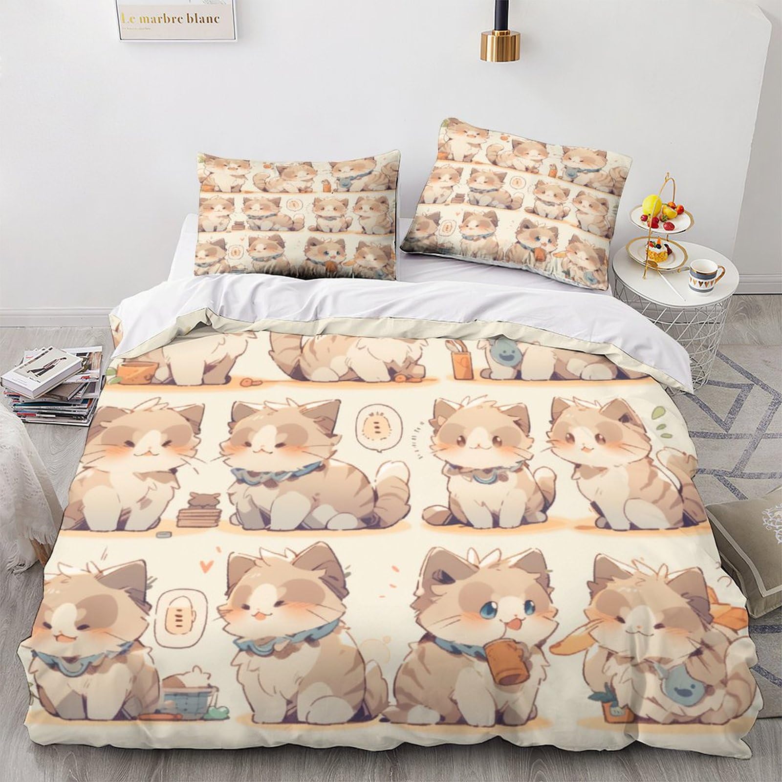 Housse de couette chat ragdoll parure de lit 200x200 microfibre avec taies d'oreiller zippées