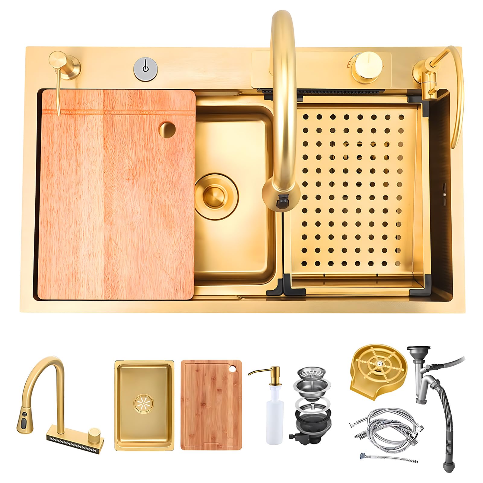 CZYWKDDPP 75 x 45 cm Nano Stainless Steel Undermount Sink, Gold Finish, 1 Basin, 5 Tap Holes, Complete 13 Piece Set with Accessories