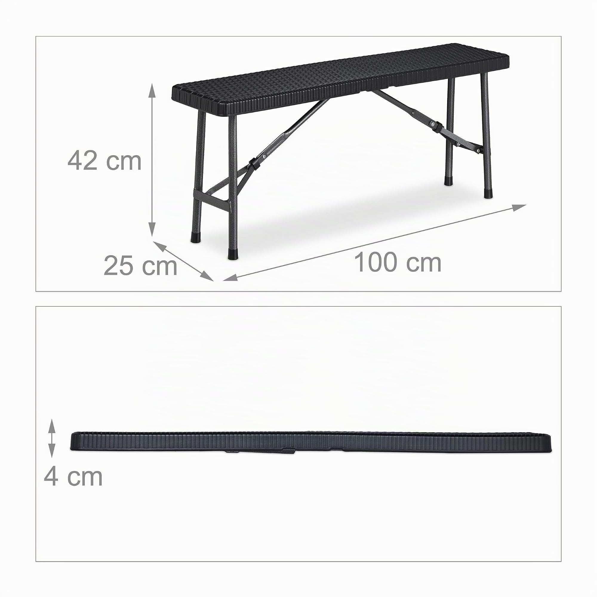 Relaxdays Set 2 Bancos Plegables Jardín, Asiento Terraza y Patio, Plástico, Banquillo Camping 42 x 100 x 25 cm, Negro