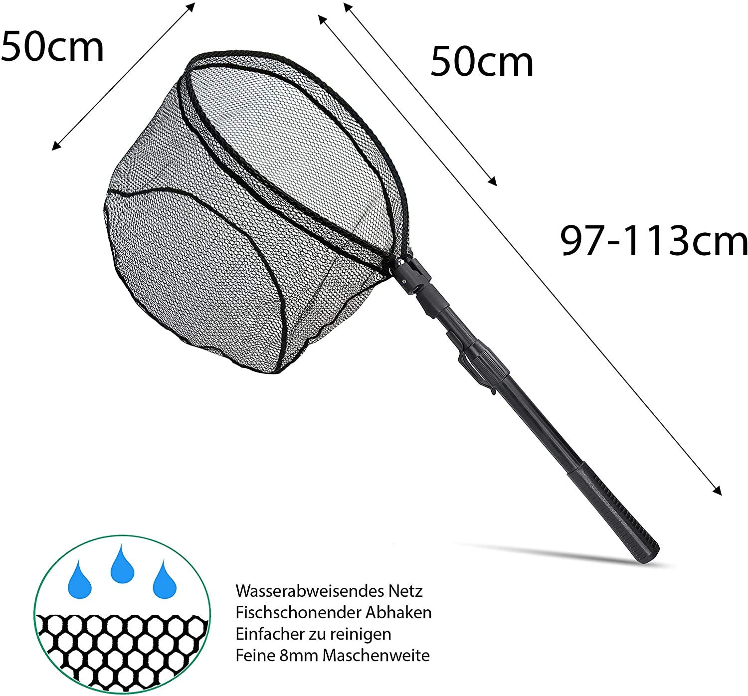 Zite Fishing Angelzubehör-Set - Haken-Lösezange 28cm Angeln - Fisch-Maßband | Aufrollbar 120cm - Spinnfischen Kescher Gummiert & Faltbar