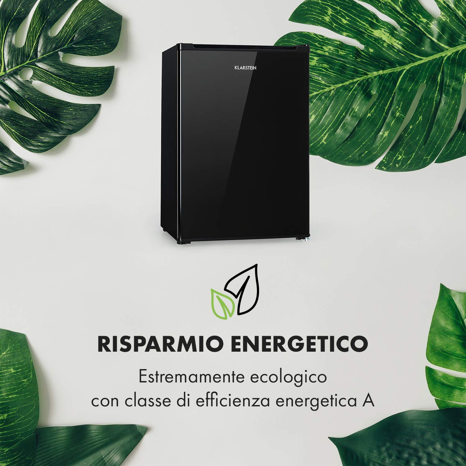 KLARSTEIN Delaware - Frigorifero, 76 Litri, Classe di Efficienza Energetica E, 2 Ripiani in Vetro Flessibile, Vano Congelatore/Freezer: 4 Litri, Vano Bottiglie Fino a 2 Litri, Nero