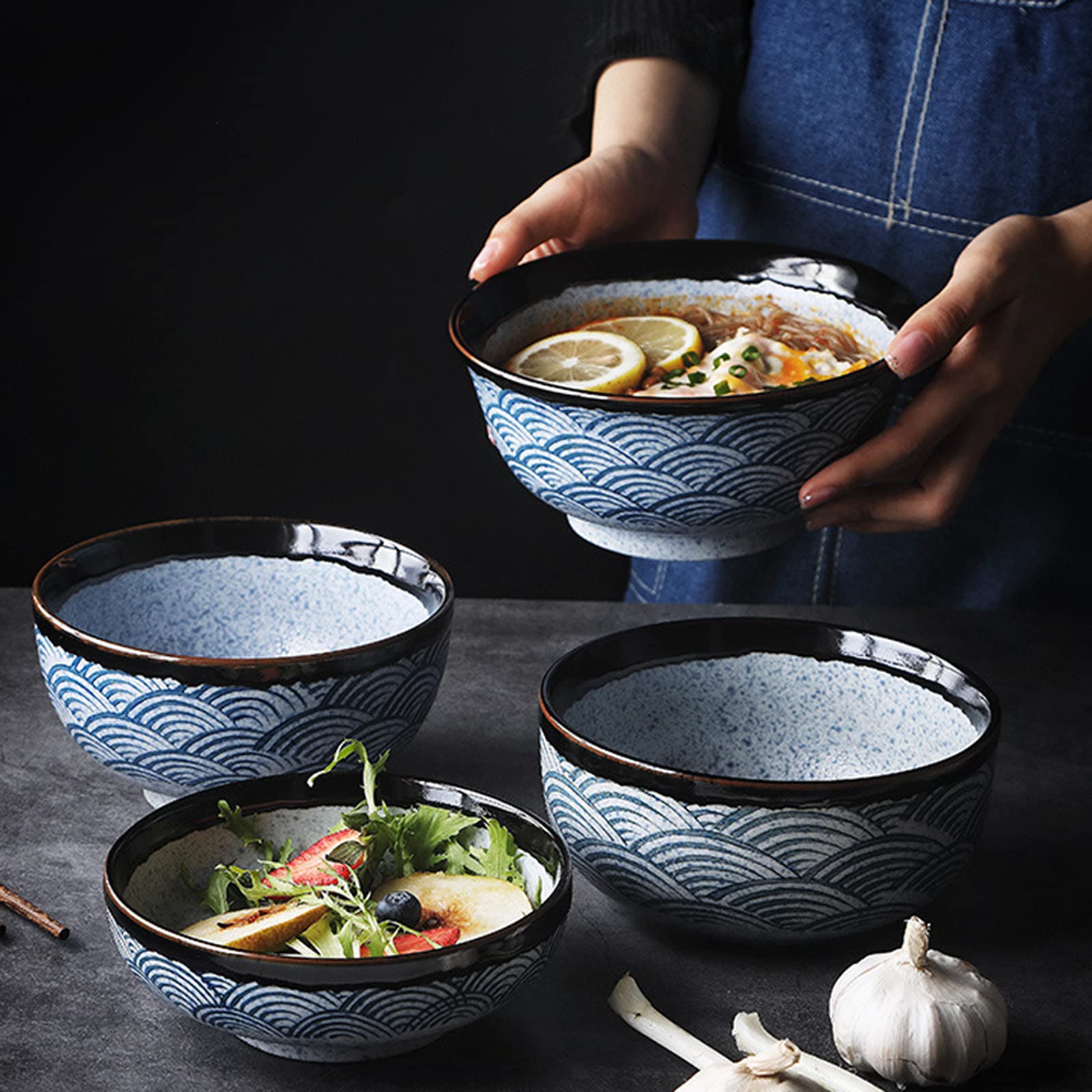 tazas de ramen, conjuntos de tazas de pasta, Cuenco grande de cerámica for fideos/sopa con ondas marinas, utilizado en sopas, cereales, arroz, fideos udon, fideos asiáticos, azul, 960 ml ( Color : Blu