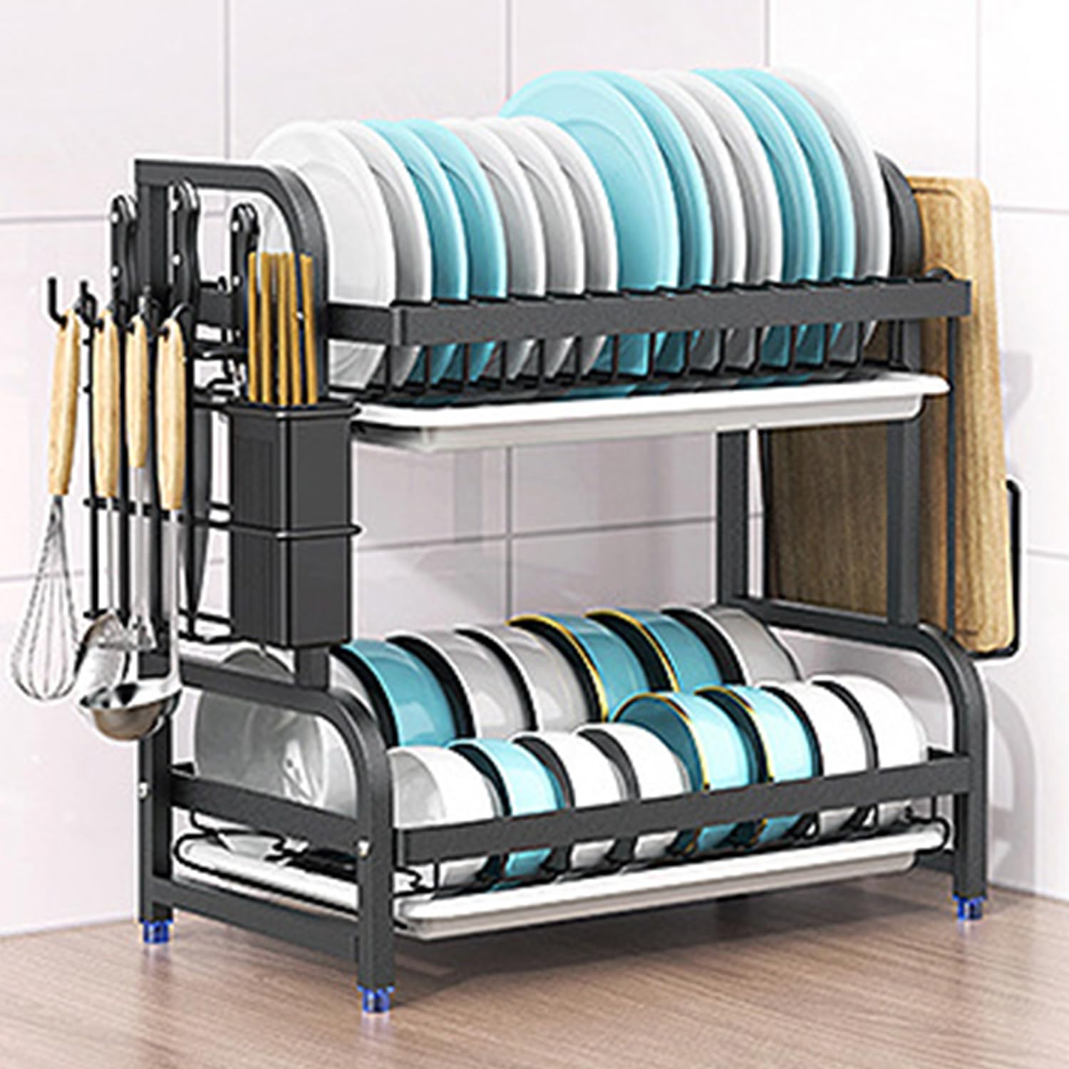 2 Tier Dish Drainer Drying Rack Black, Stainless Steel Dishes Rack with Chopping Board Shelf, Utensil Holder, for Kitchen Counter