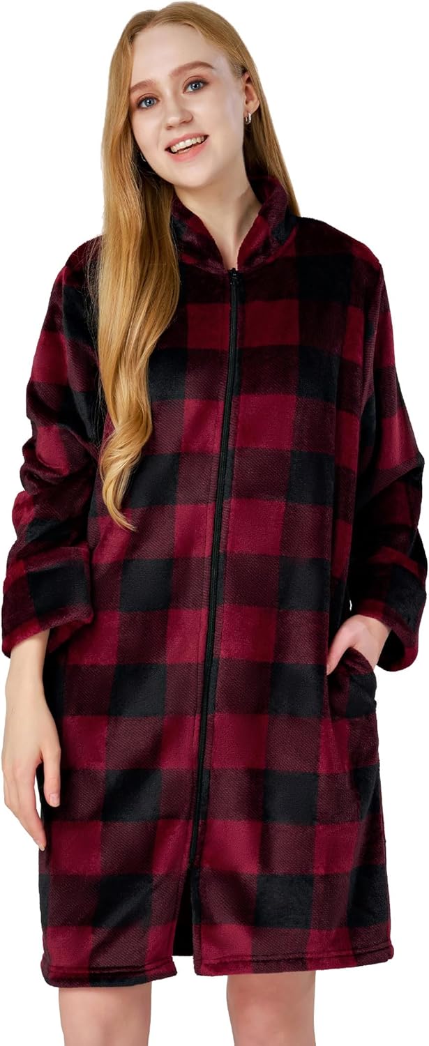 SIORO Fleece Robes for Women Plush Zipper Front Bathrobe Knee Length Warm Housecoat Long Sleeve Cozy Sleepwear with Pockets